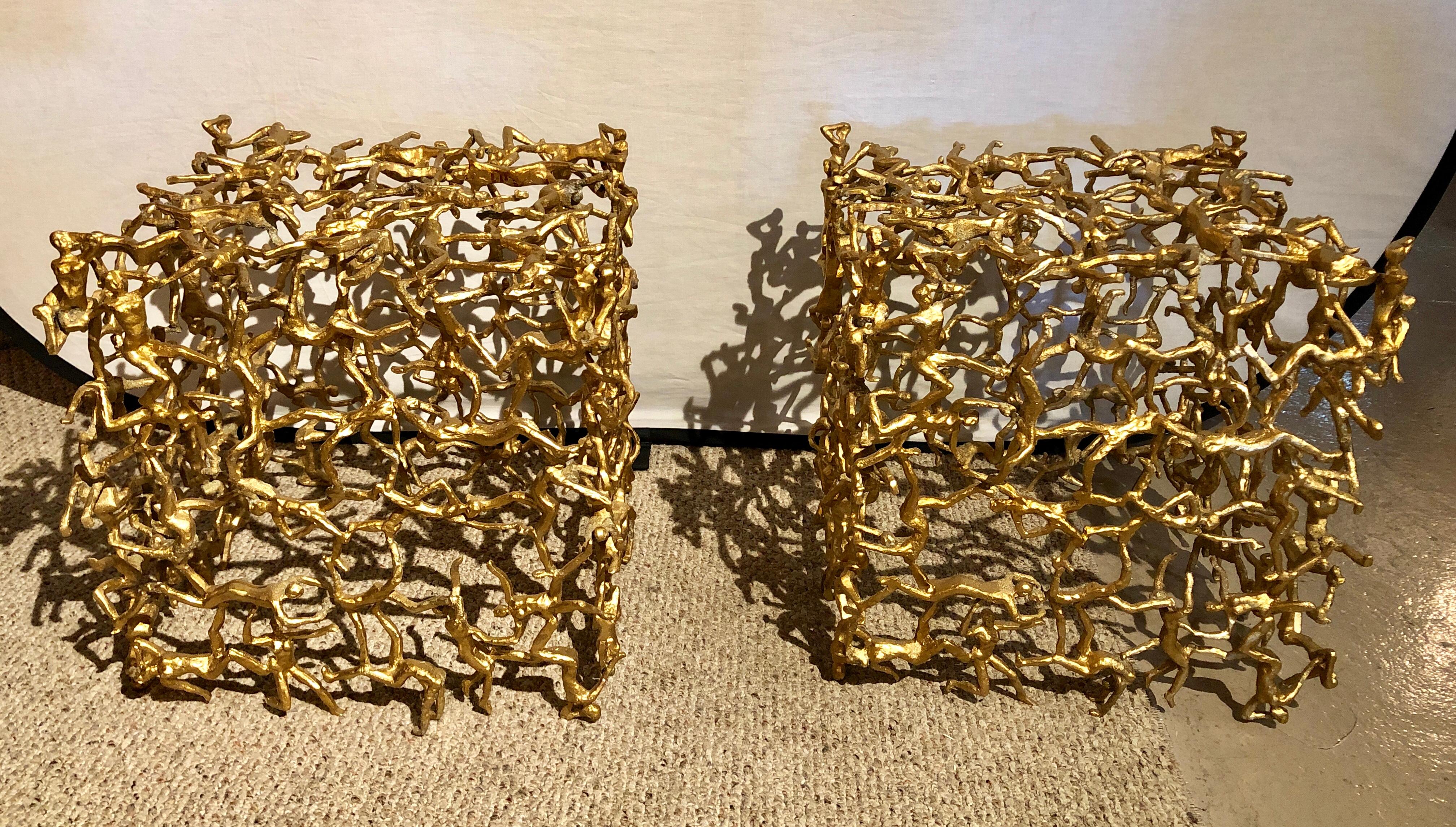 Pair of Mid-Century Modern Brass Human Figural Cube Tables or Coffee Tables In Good Condition In Stamford, CT
