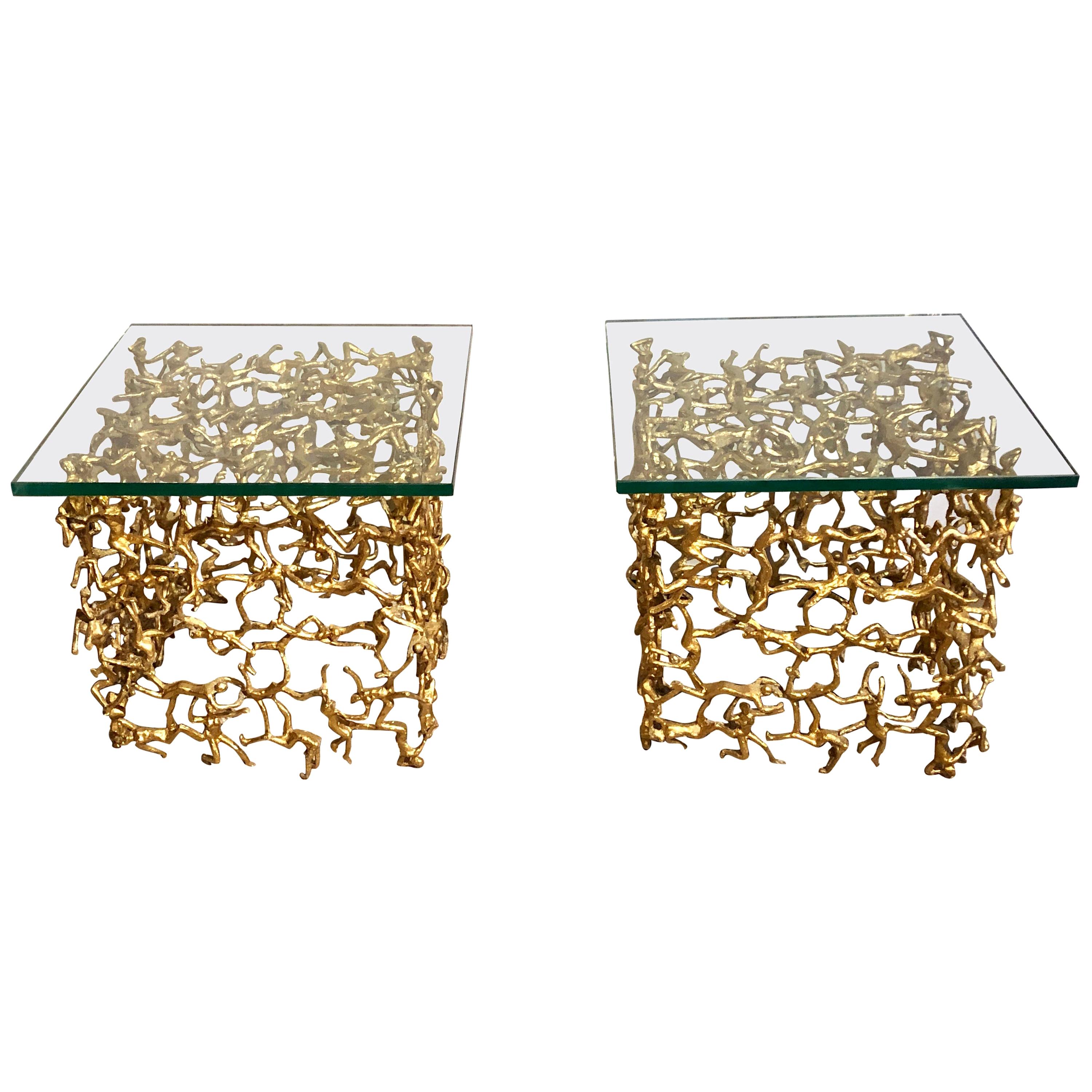 Pair of Mid-Century Modern Brass Human Figural Cube Tables or Coffee Tables