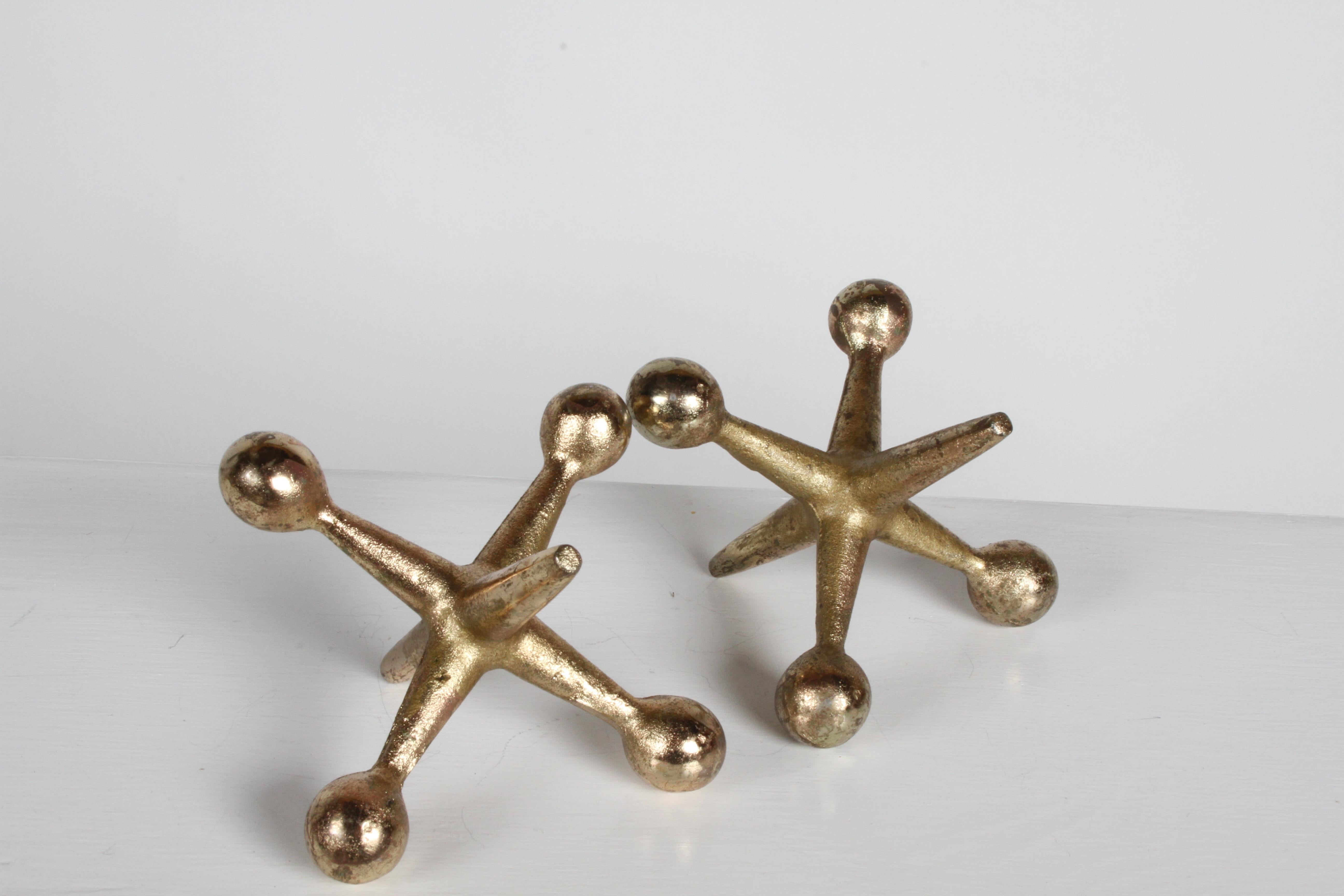 Plated Pair of Mid-Century Modern Brass Jacks Bookends in the Style of Bill Curry