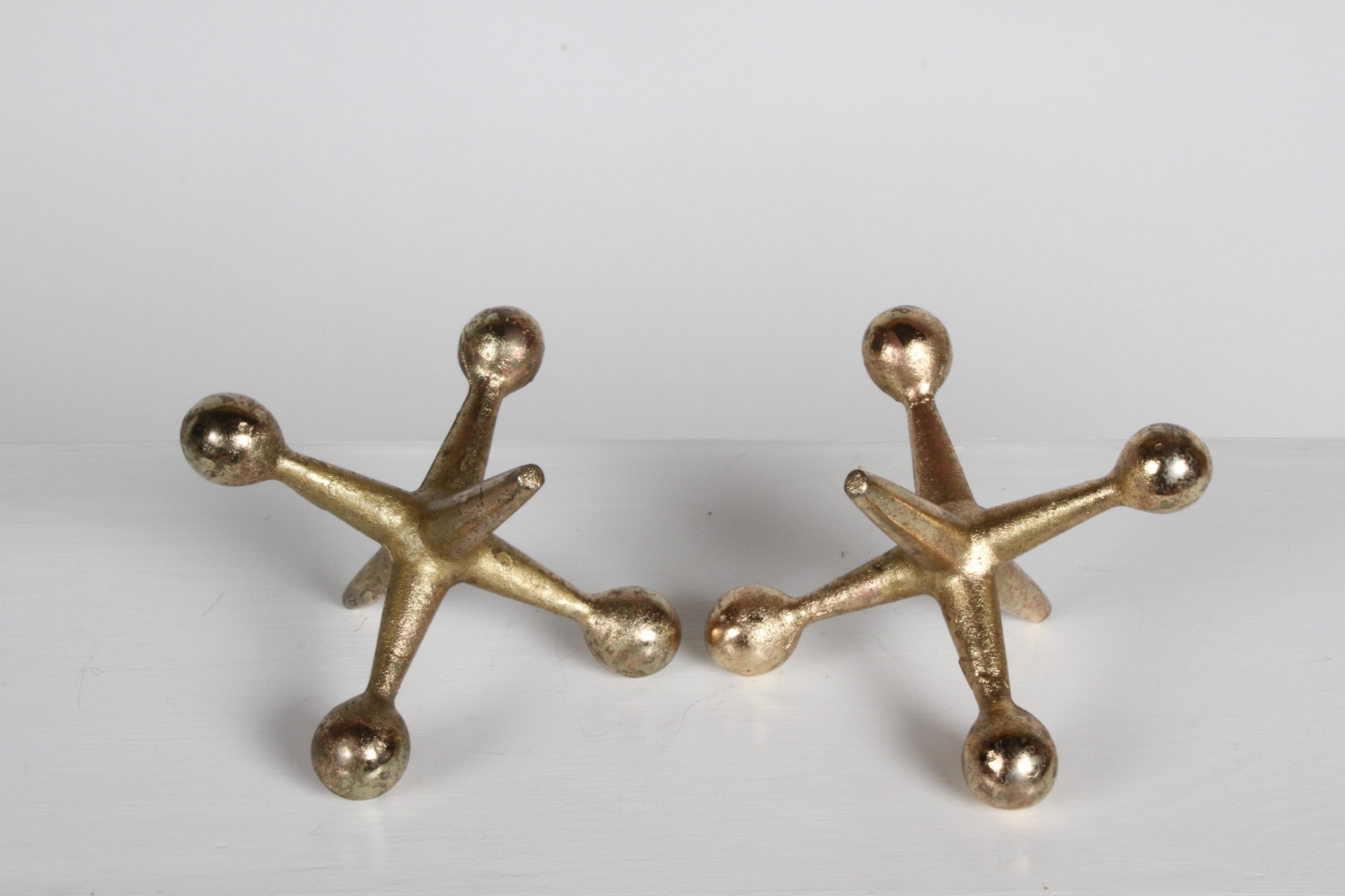 Iron Pair of Mid-Century Modern Brass Jacks Bookends in the Style of Bill Curry