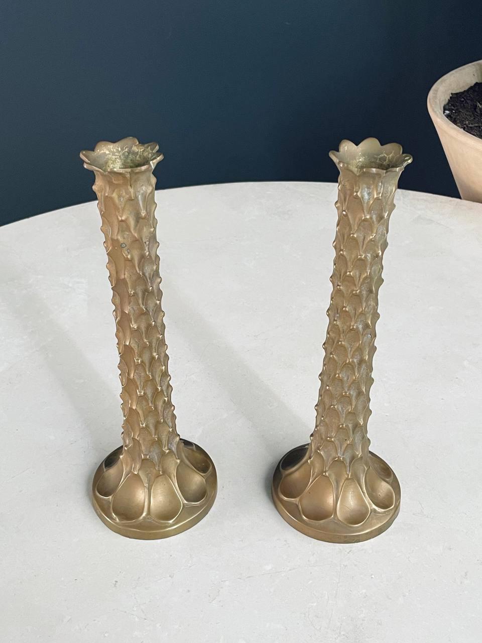 Mid-20th Century Pair of Mid-Century Modern Brass Palm Tree Candle Holders