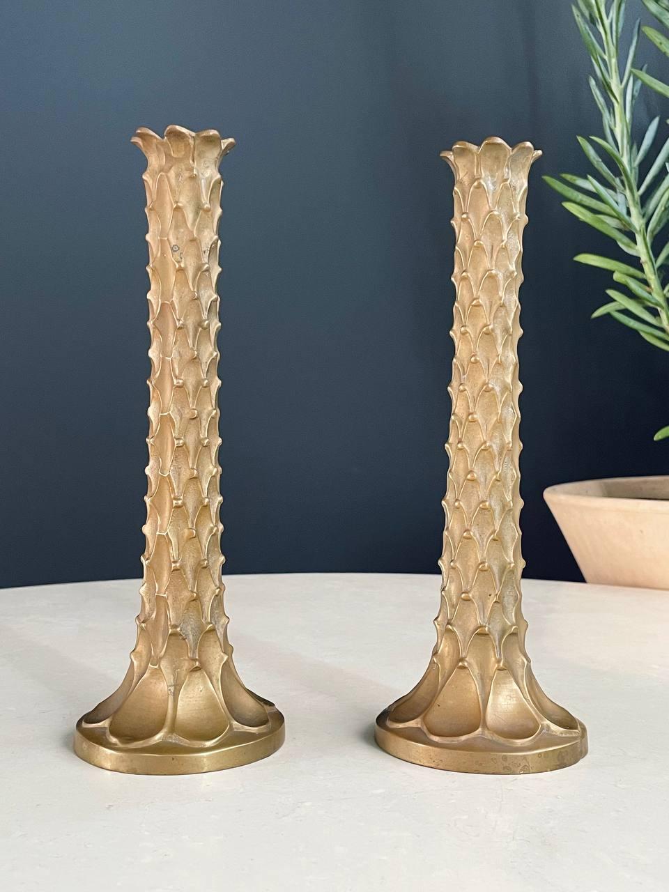 North American Pair of Mid-Century Modern Brass Palm Tree Candle Holders