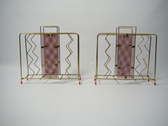 Pair of Mid-Century Modern Brass Plated & Red Magazine Racks, Sweden, 1950s