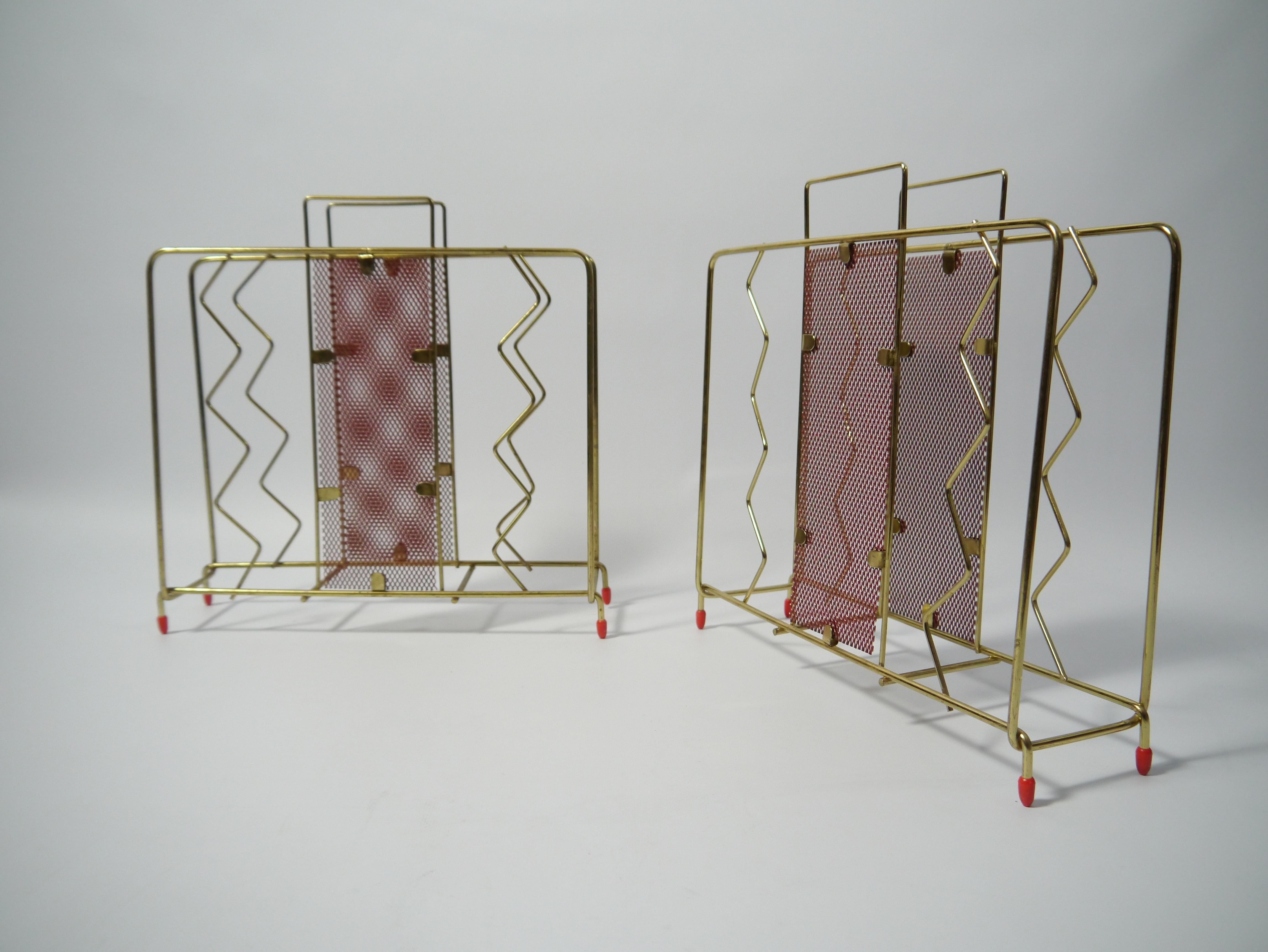 Swedish Pair of Mid-Century Modern Brass Plated & Red Magazine Racks, Sweden, 1950s For Sale