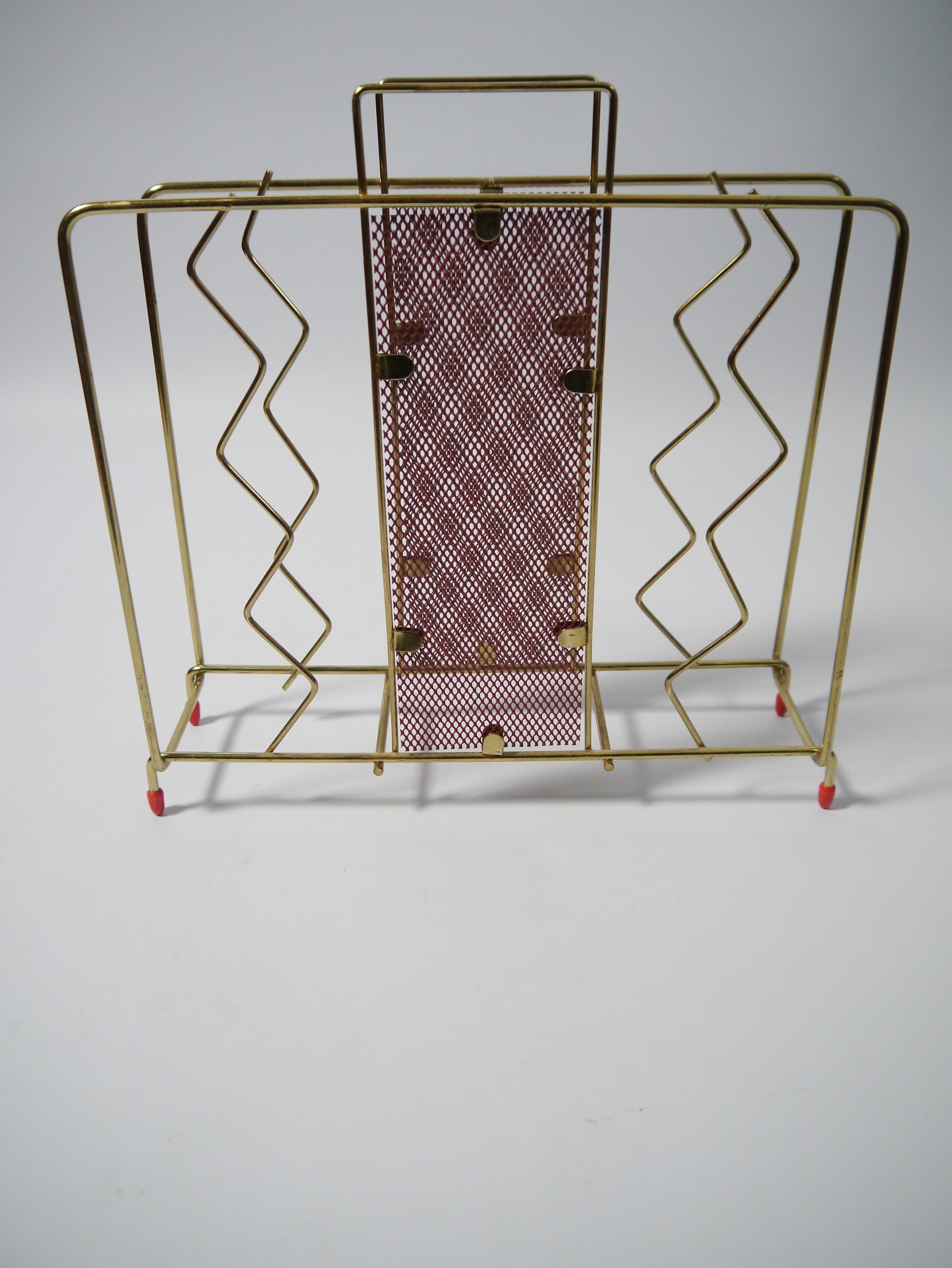 20th Century Pair of Mid-Century Modern Brass Plated & Red Magazine Racks, Sweden, 1950s For Sale