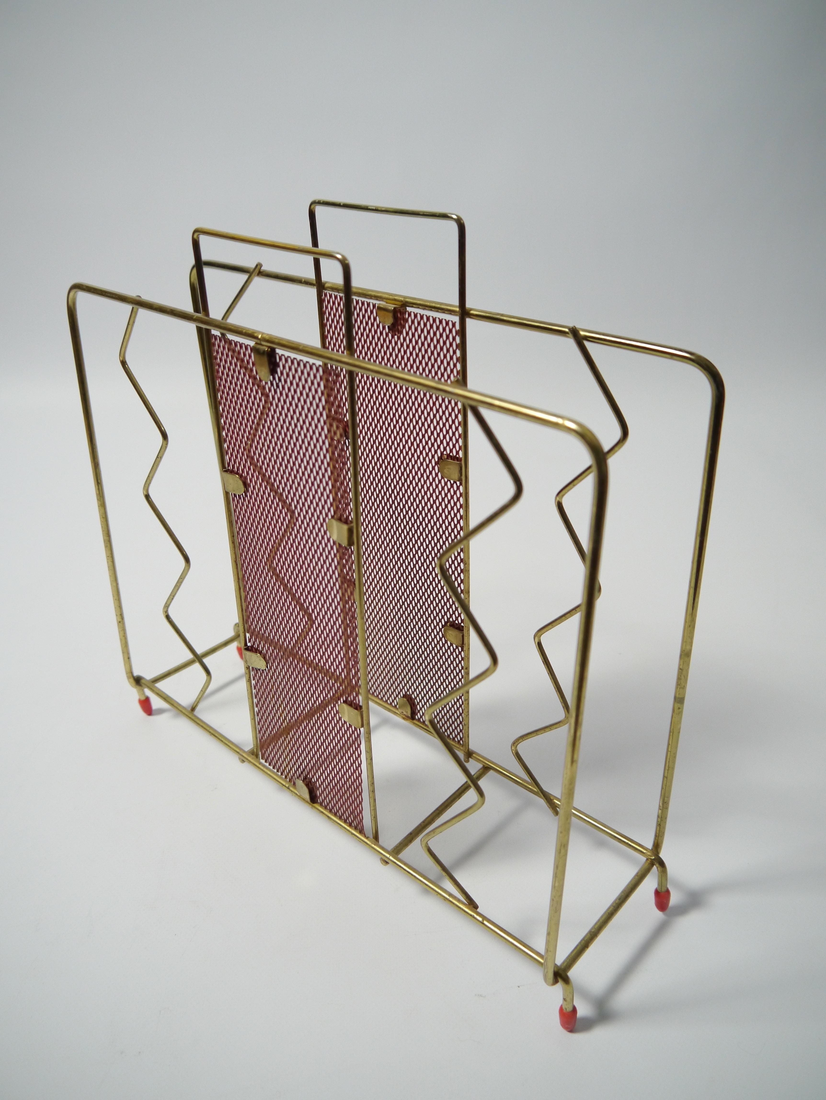 Metal Pair of Mid-Century Modern Brass Plated & Red Magazine Racks, Sweden, 1950s For Sale