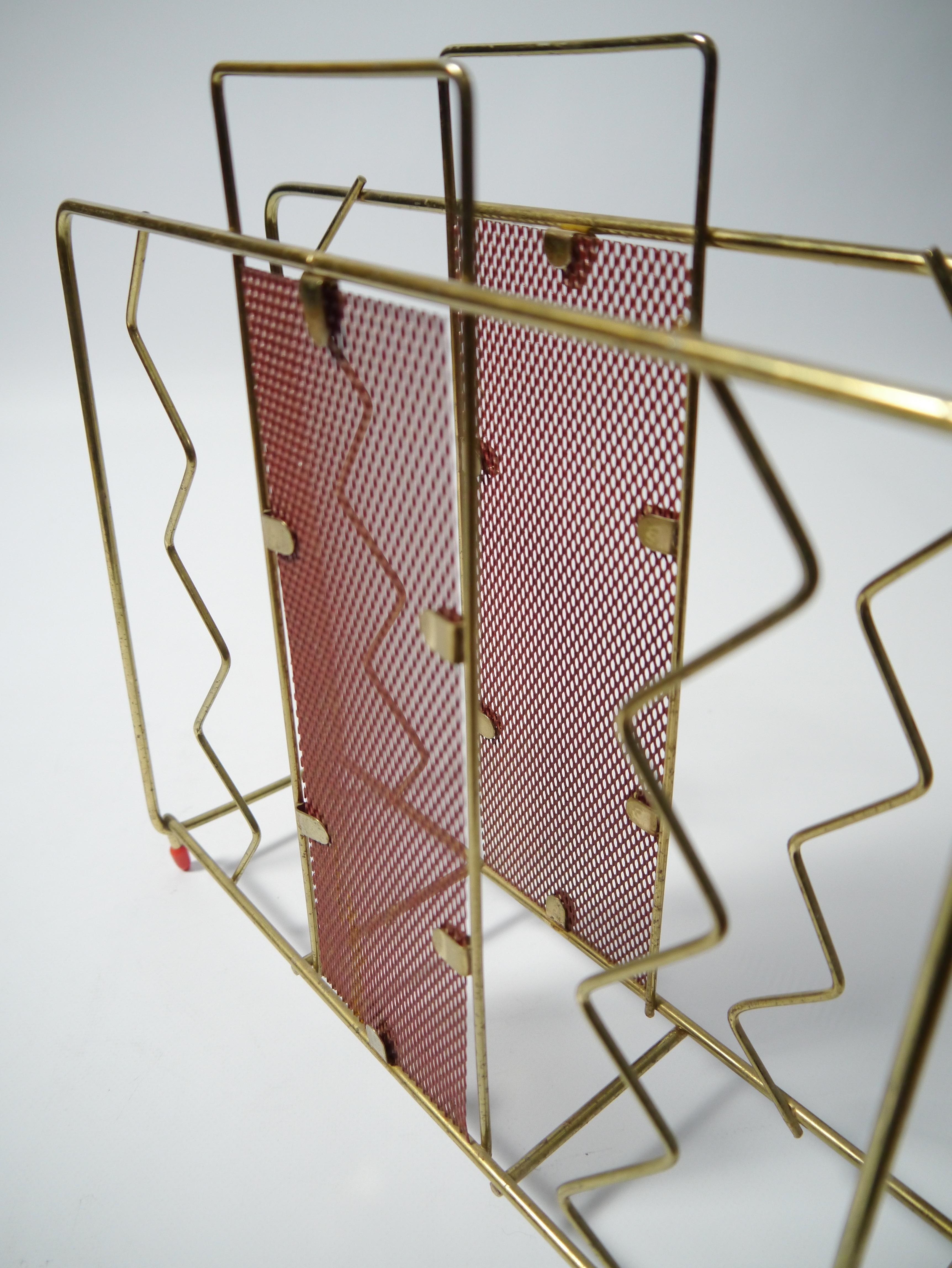 Pair of Mid-Century Modern Brass Plated & Red Magazine Racks, Sweden, 1950s For Sale 1
