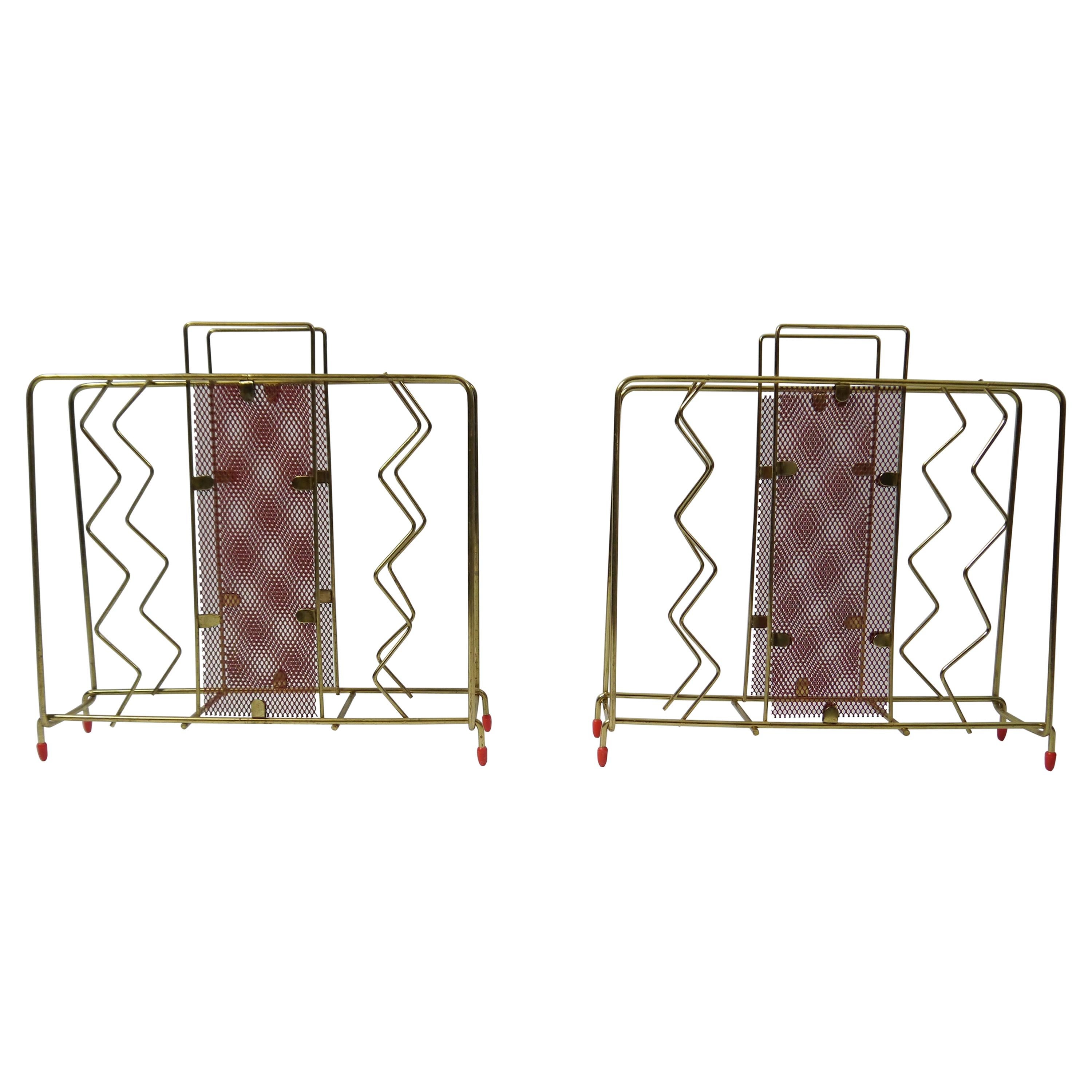 Pair of Mid-Century Modern Brass Plated & Red Magazine Racks, Sweden, 1950s For Sale