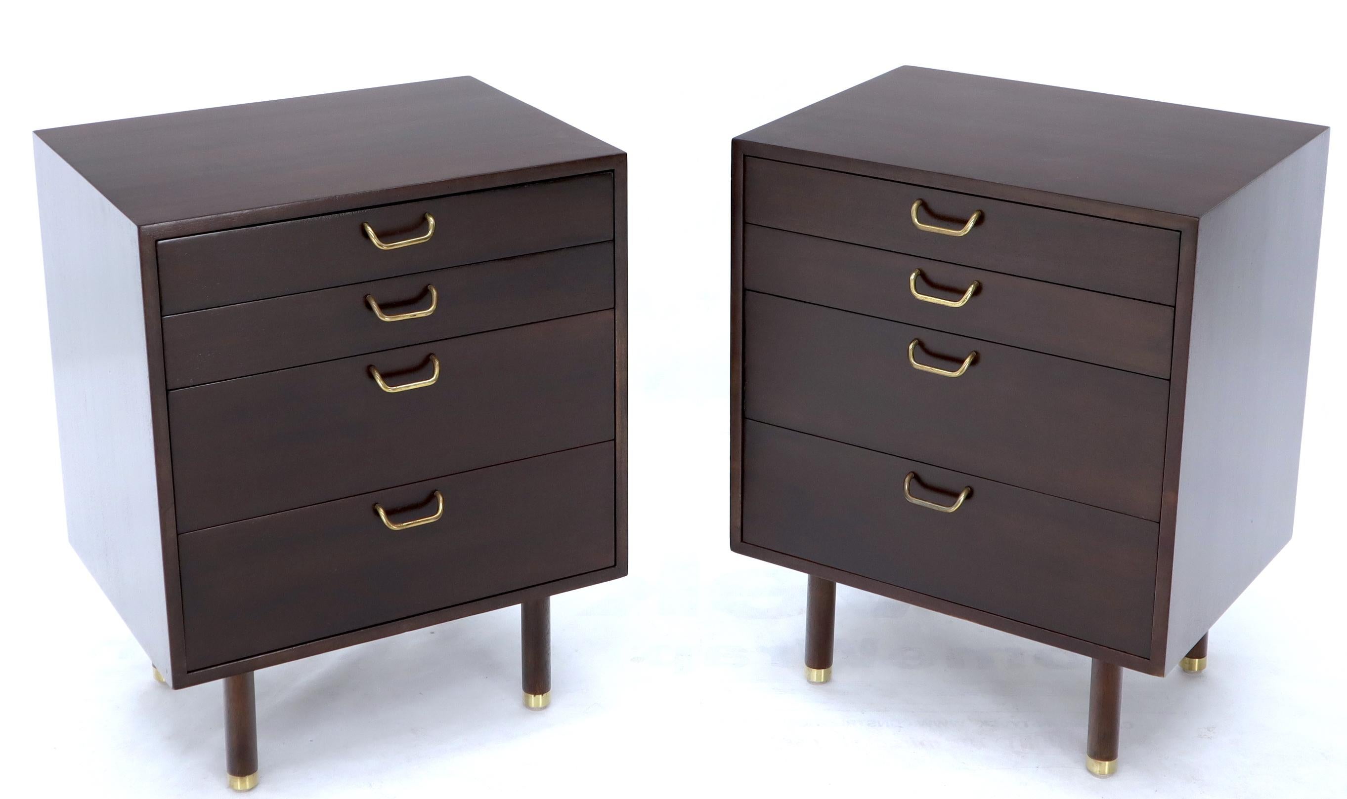 Pair of Mid-Century Modern 4 drawers nightstands side end tables cabinets with brass pulls by Harvey Probber. Dark brown chocolate mahogany finish.