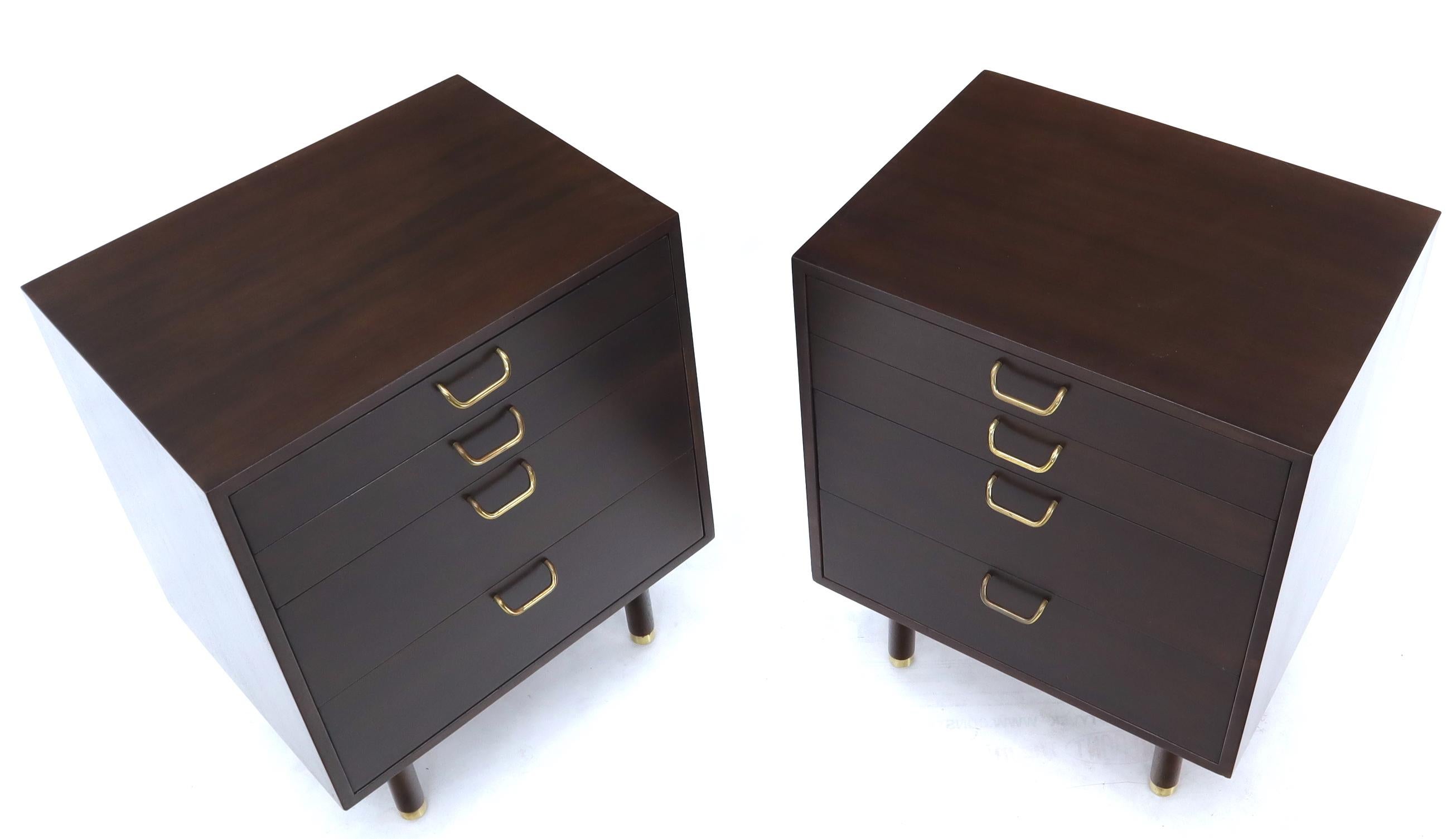 20th Century Pair of Mid-Century Modern Brass Pulls Four-Drawer Nightstands Harvey Probber For Sale