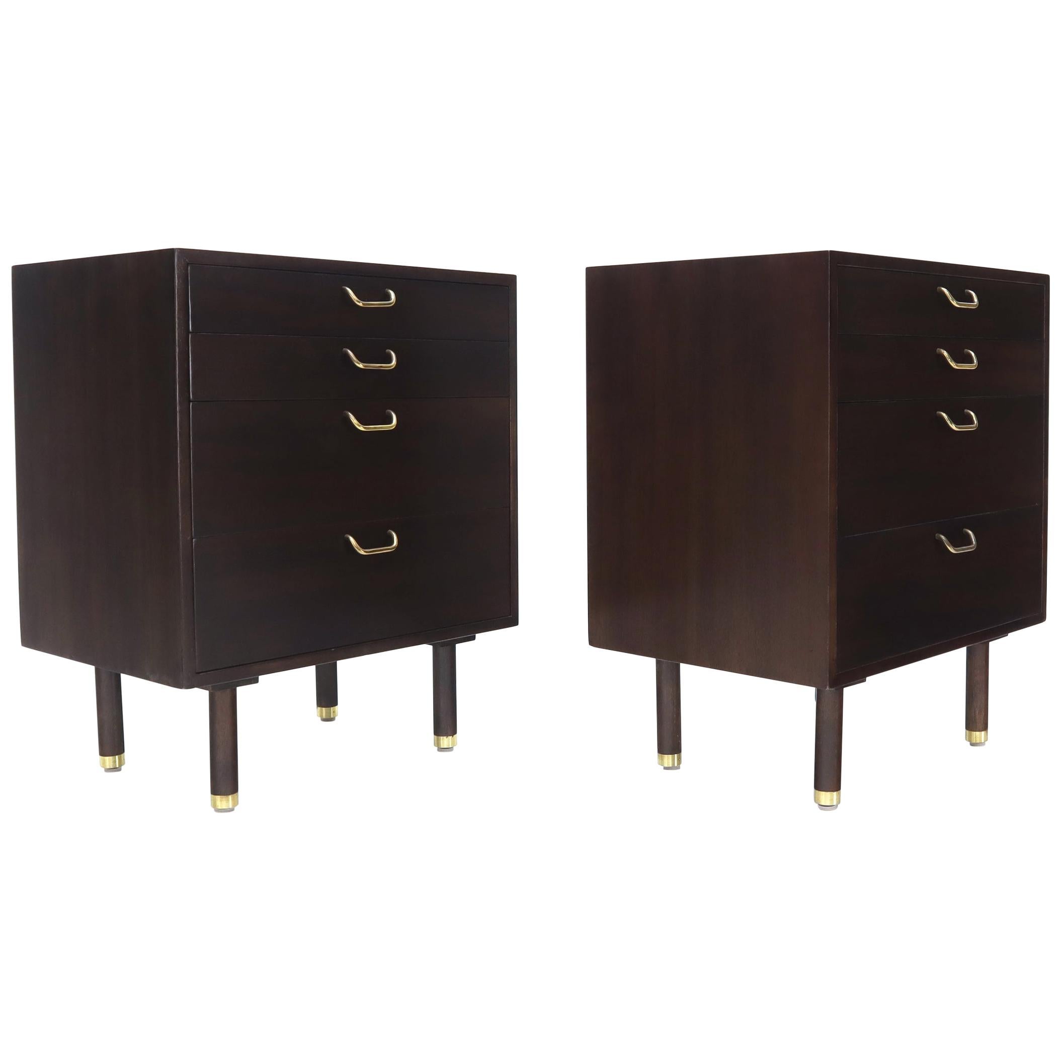 Pair of Mid-Century Modern Brass Pulls Four-Drawer Nightstands Harvey Probber For Sale