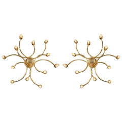 Pair of Mid-Century Modern Brass Sciolari 12-Light Sputnik Sconces/Flush Mounts