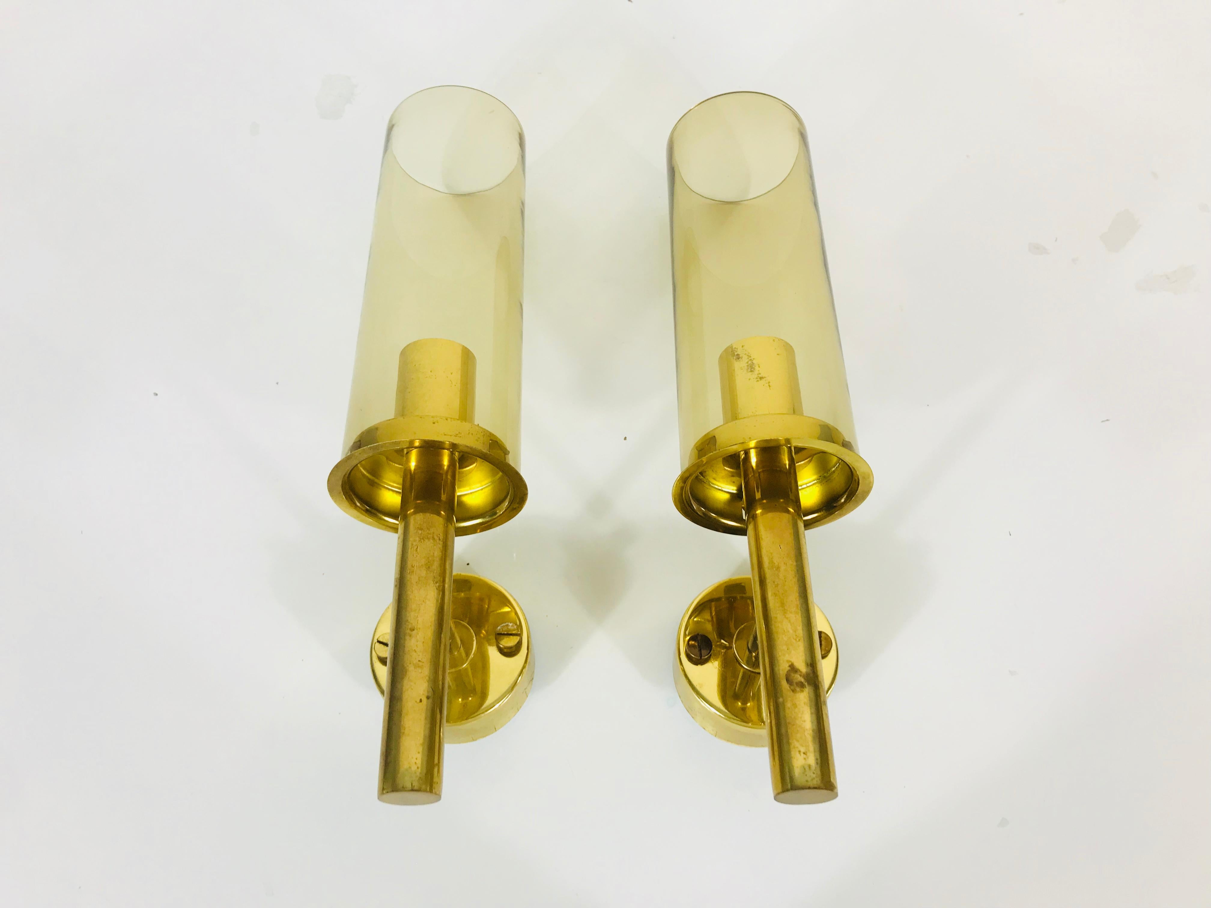 Smoked Glass Pair of Mid-Century Modern Brass Sconces by Hans-Agne Jakobsson, Sweden, 1960s