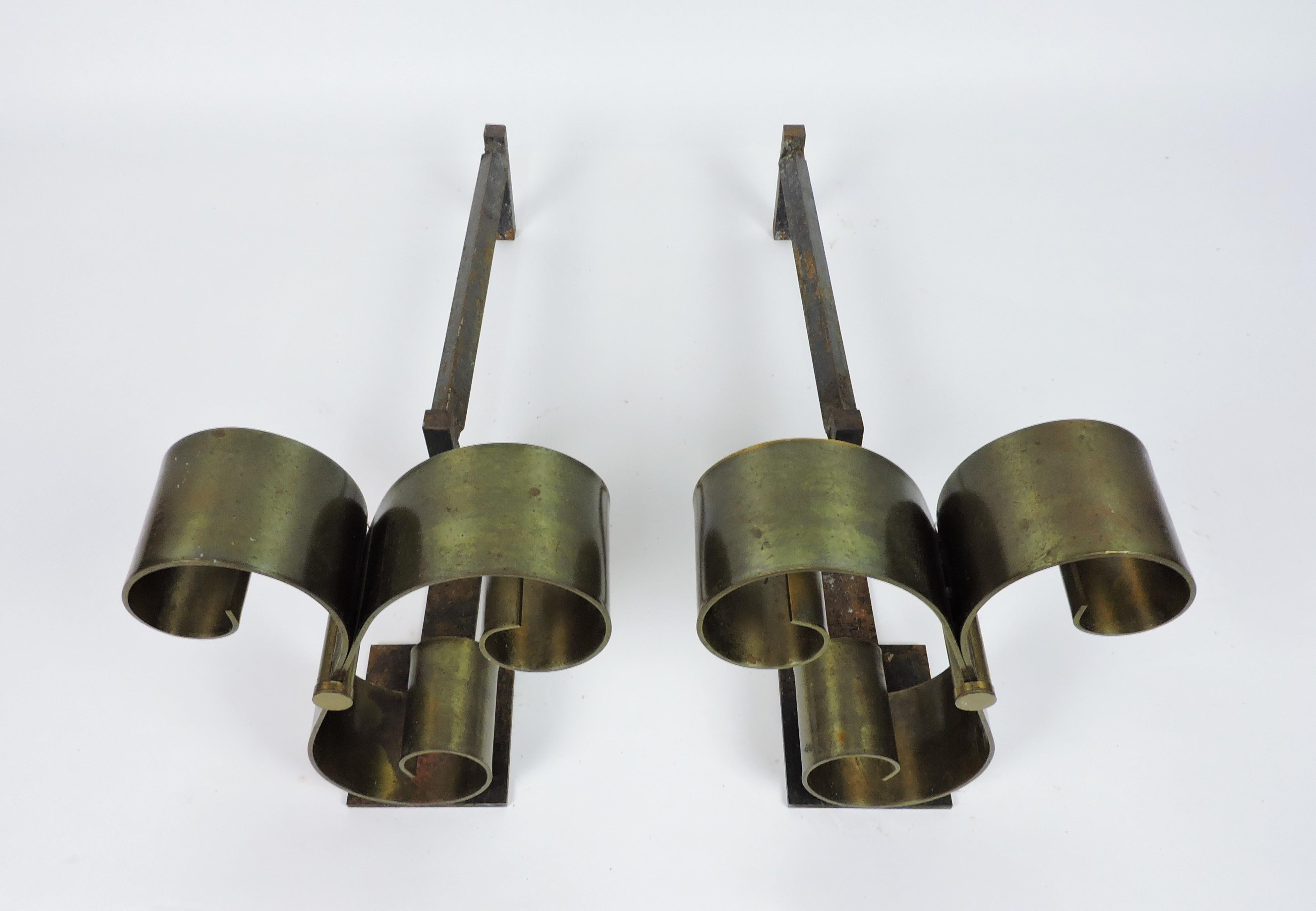 Pair of Mid Century Modern Brass Scroll Andirons in the Style of Raymond Subes For Sale 4