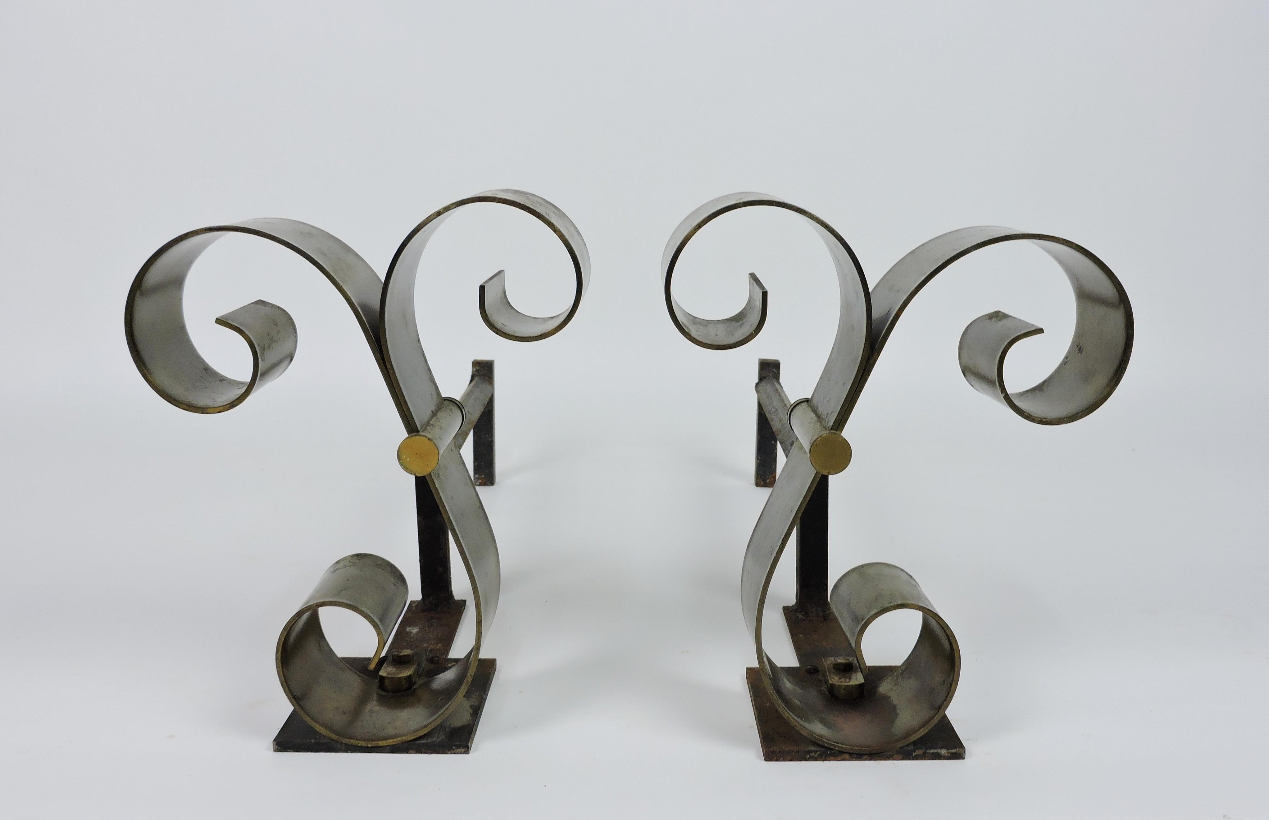 Pair of Mid Century Modern Brass Scroll Andirons in the Style of Raymond Subes For Sale 5