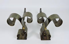 Pair of Mid Century Modern Brass Scroll Andirons in the Style of Raymond Subes