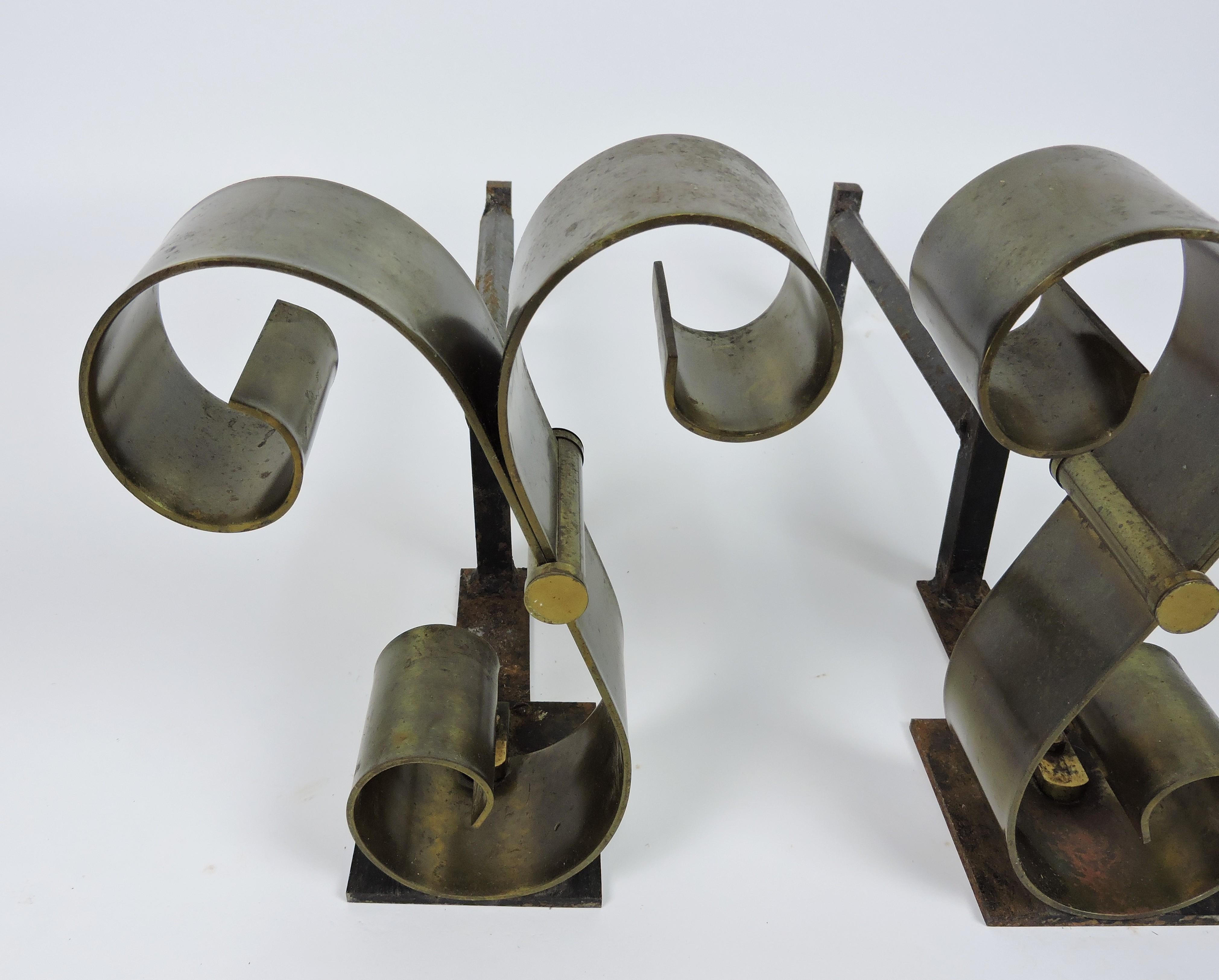 Mid-Century Modern Pair of Mid Century Modern Brass Scroll Andirons in the Style of Raymond Subes For Sale