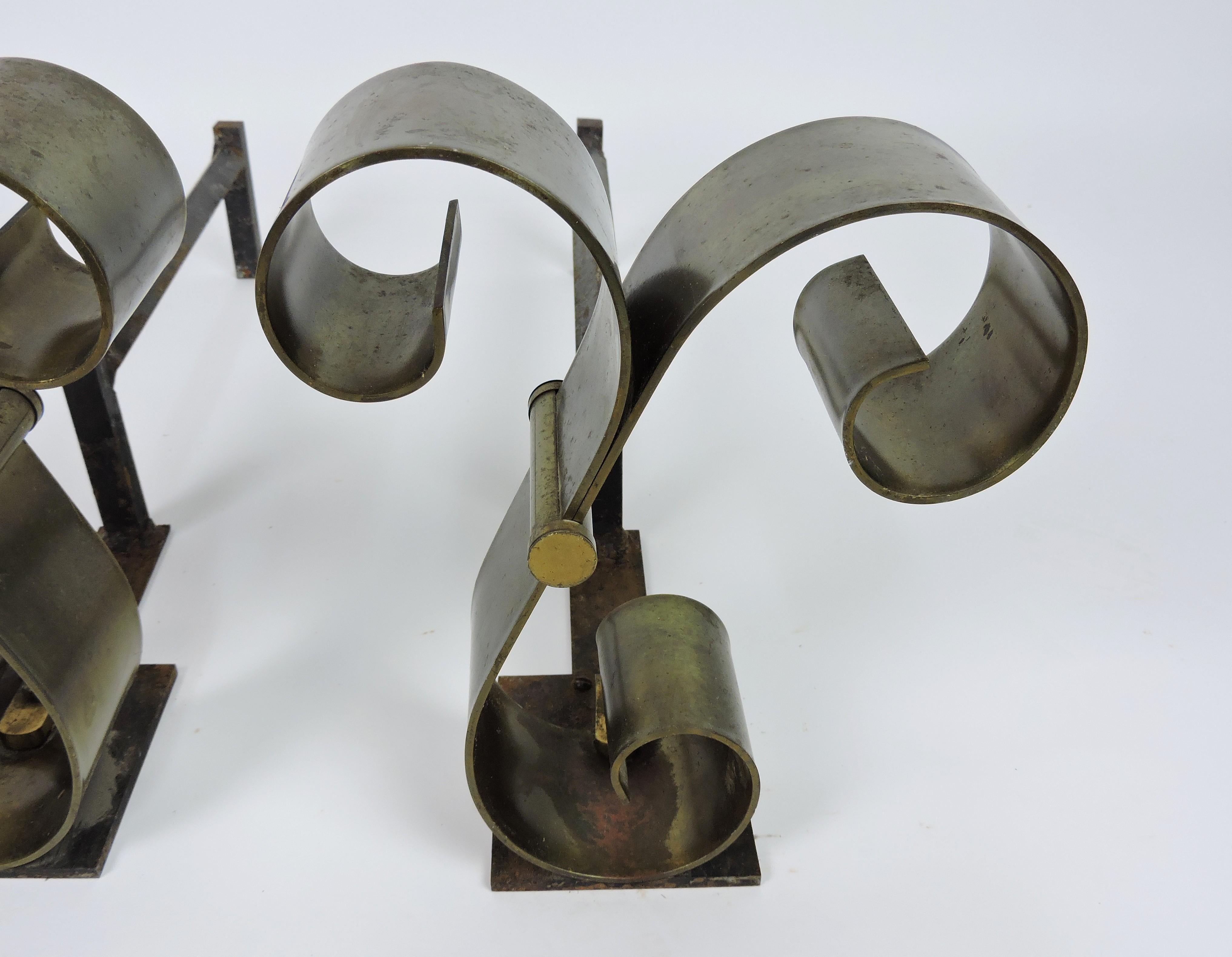 Unknown Pair of Mid Century Modern Brass Scroll Andirons in the Style of Raymond Subes For Sale