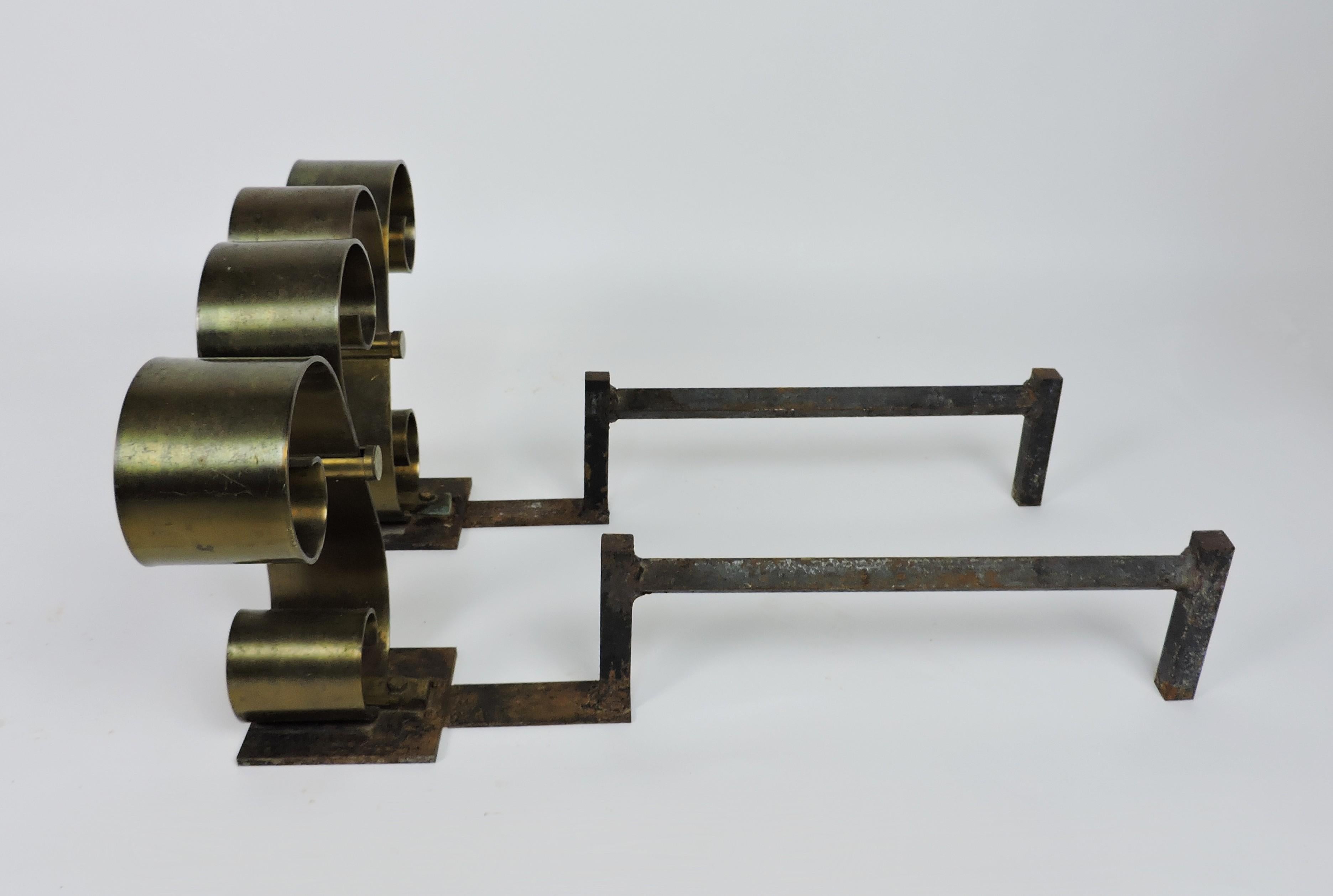 Pair of Mid Century Modern Brass Scroll Andirons in the Style of Raymond Subes In Good Condition For Sale In Chesterfield, NJ