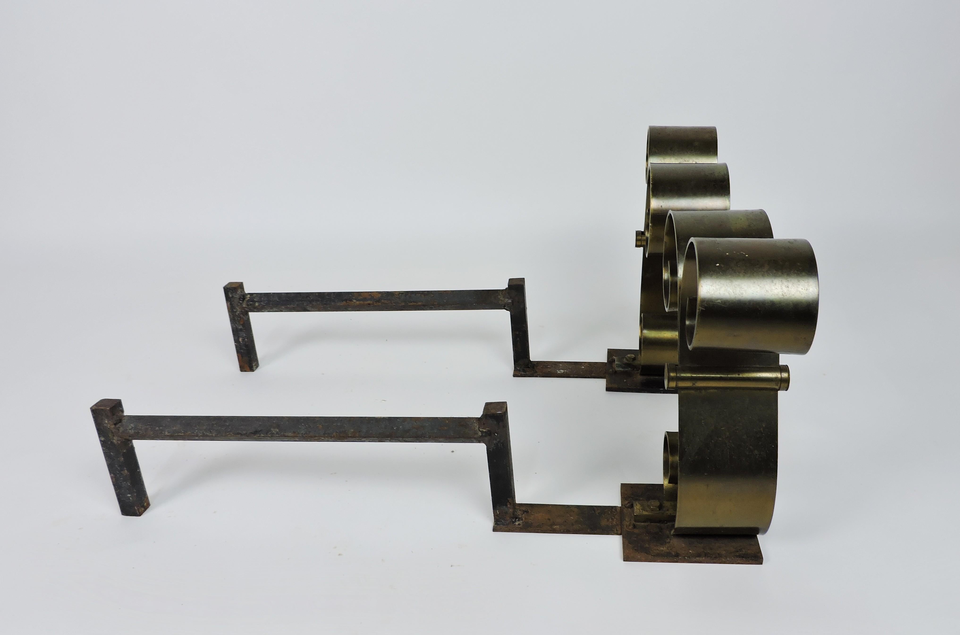 Mid-20th Century Pair of Mid Century Modern Brass Scroll Andirons in the Style of Raymond Subes For Sale