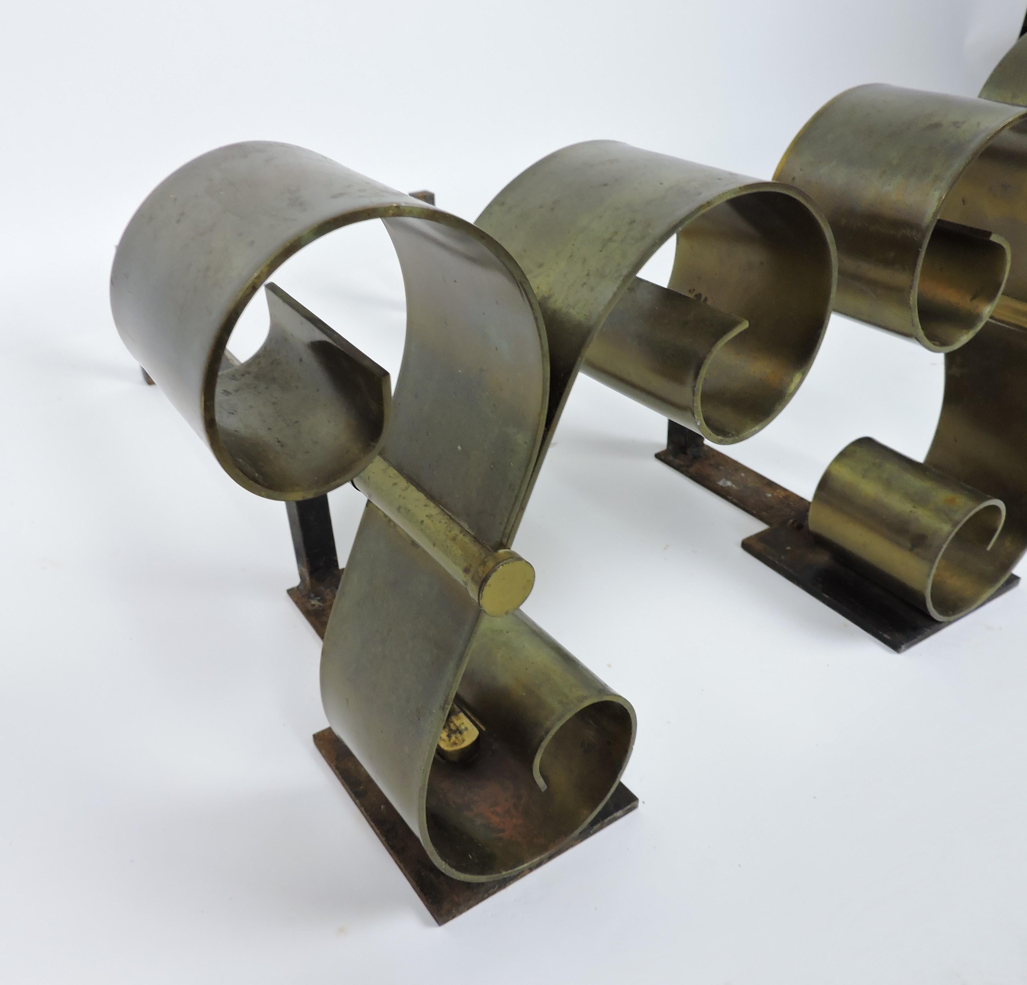 Pair of Mid Century Modern Brass Scroll Andirons in the Style of Raymond Subes For Sale 2
