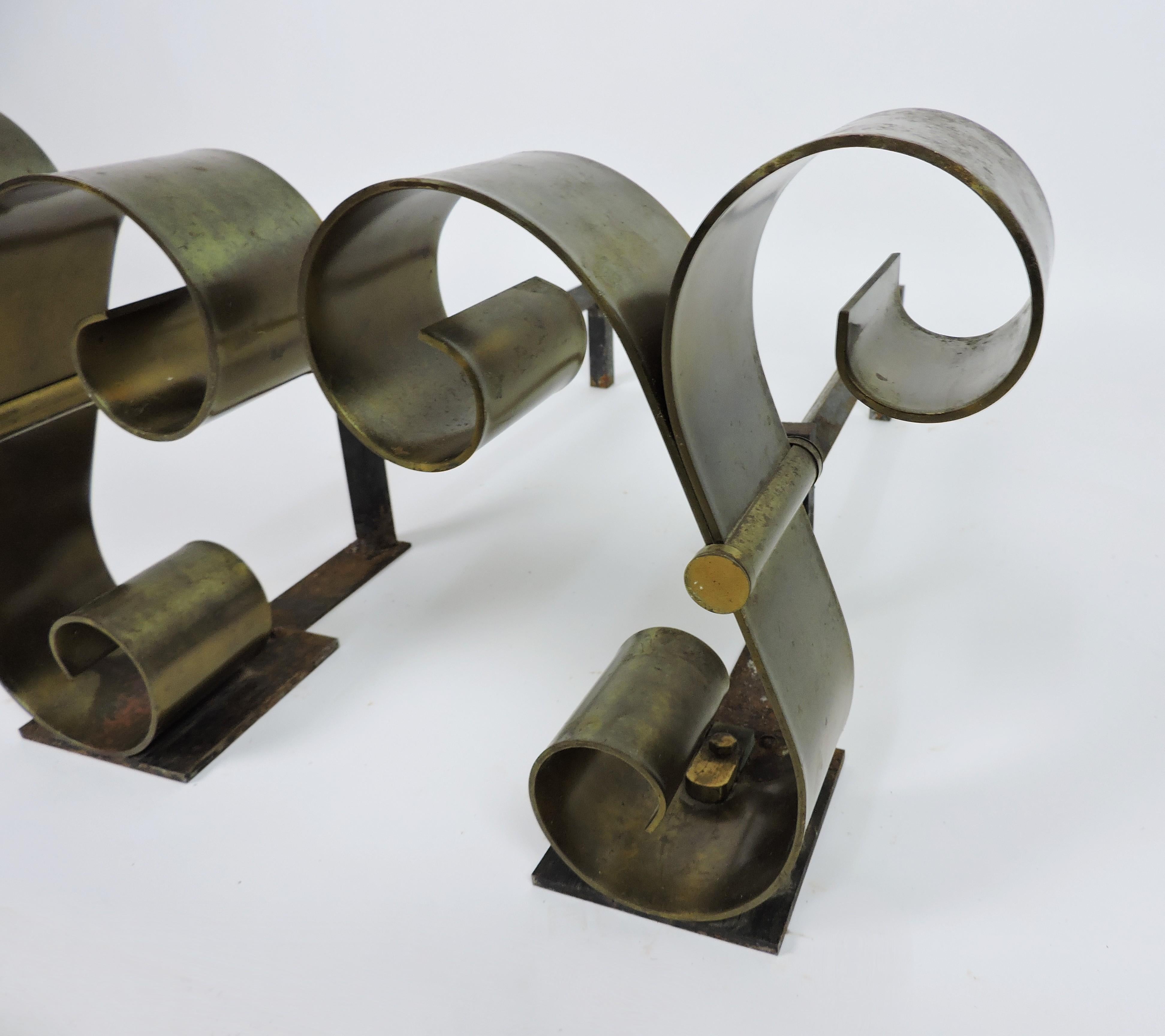Pair of Mid Century Modern Brass Scroll Andirons in the Style of Raymond Subes For Sale 3