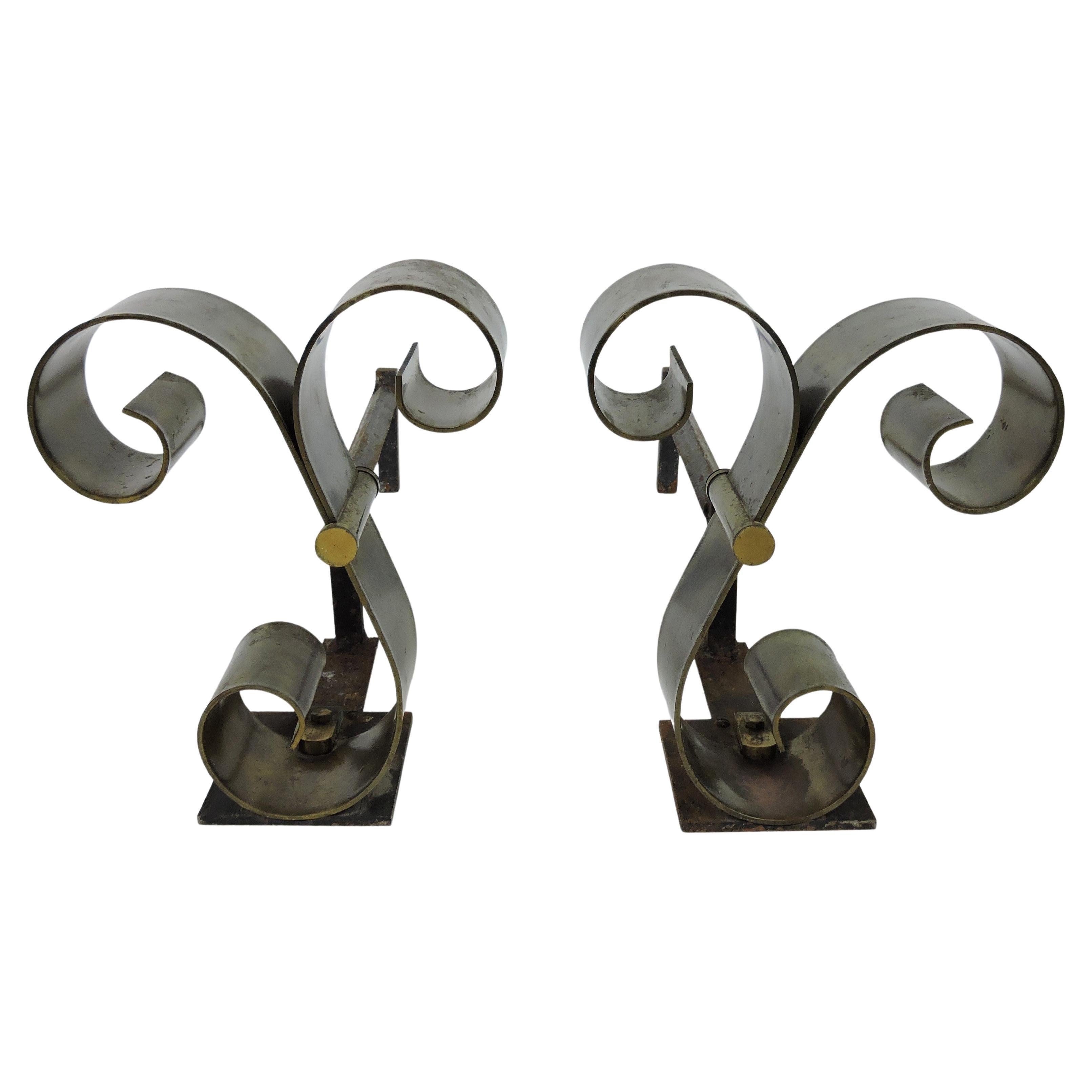 Pair of Mid Century Modern Brass Scroll Andirons in the Style of Raymond Subes For Sale