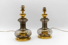 Pair of Mid Century Modern Brass Smoked Glass Table Lamp Bases, 1960s