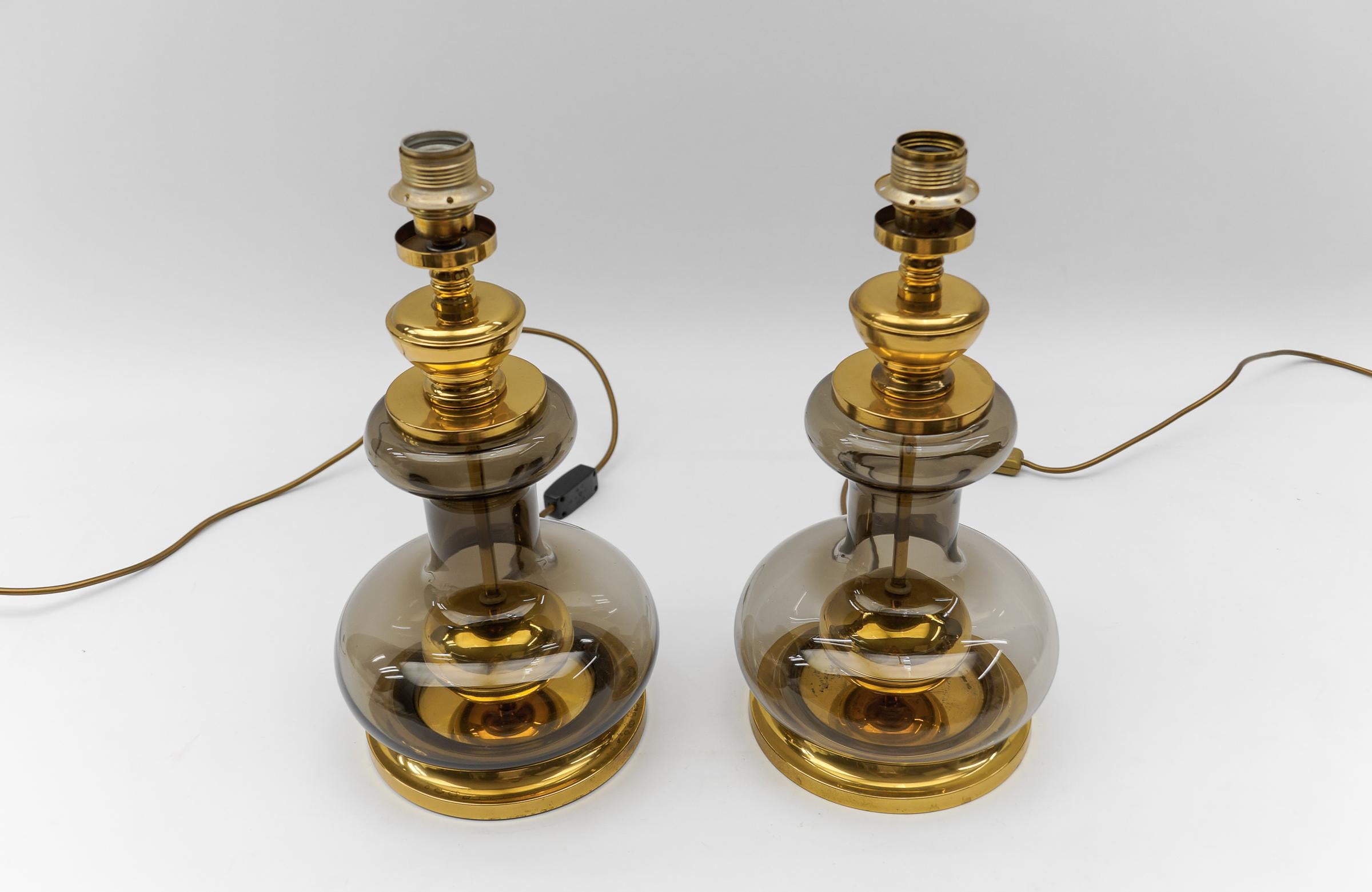 Metal Pair of Mid Century Modern Brass Smoked Glass Table Lamp Bases, 1960s For Sale