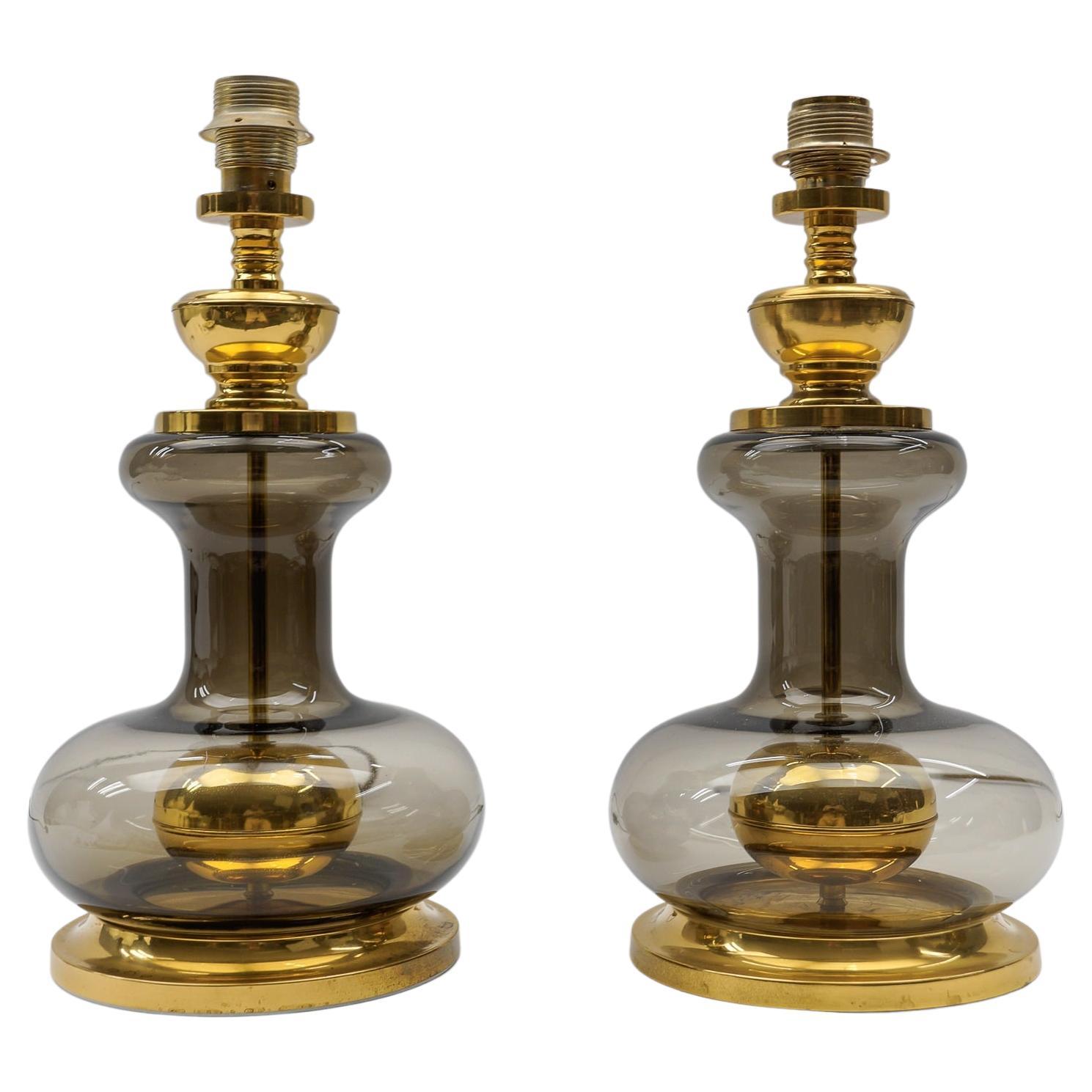 Pair of Mid Century Modern Brass Smoked Glass Table Lamp Bases, 1960s For Sale