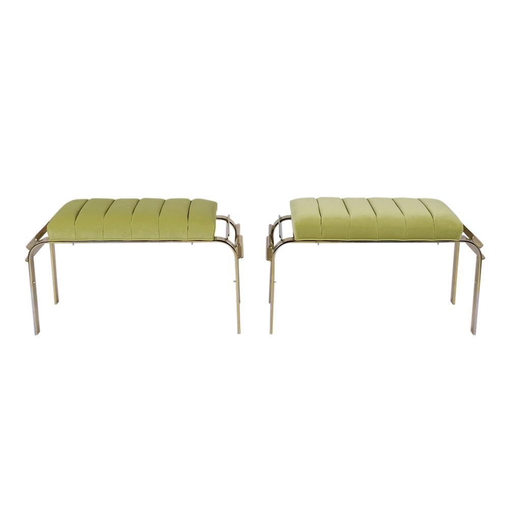 This pair of 1970s Mid-Century Modern benches are in good condition and come with unique designed brass frames. The seat cushions have been newly upholstered in a new lime green color velvet fabric with a tufted cushion channel design with a single