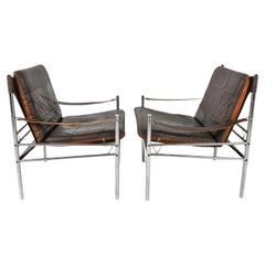 Pair of Mid Century Modern Brown Leather and chrome Safari Chairs