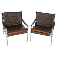 Pair of Mid Century Modern Brown Leather and chrome Safari Chairs