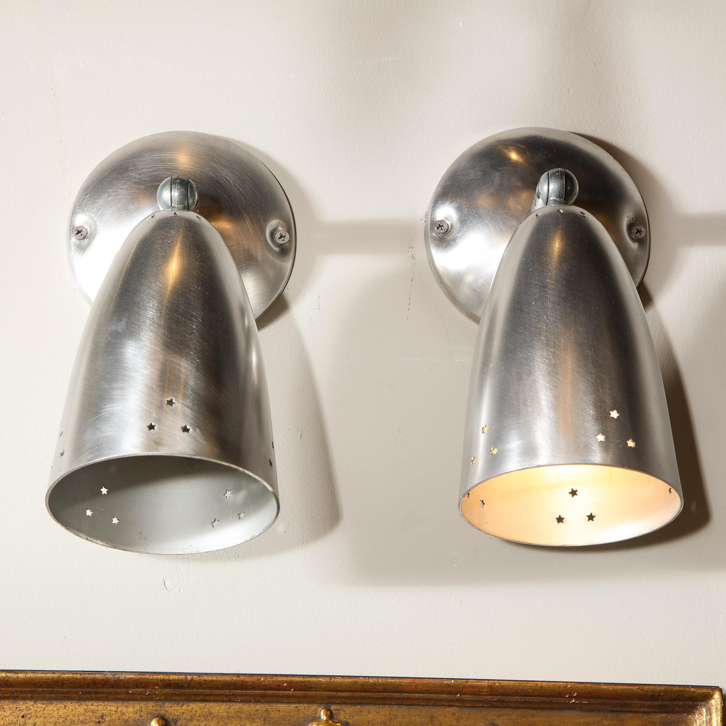 American Pair of Mid-Century Modern Brushed Aluminum Perforated Articulating Sconces For Sale