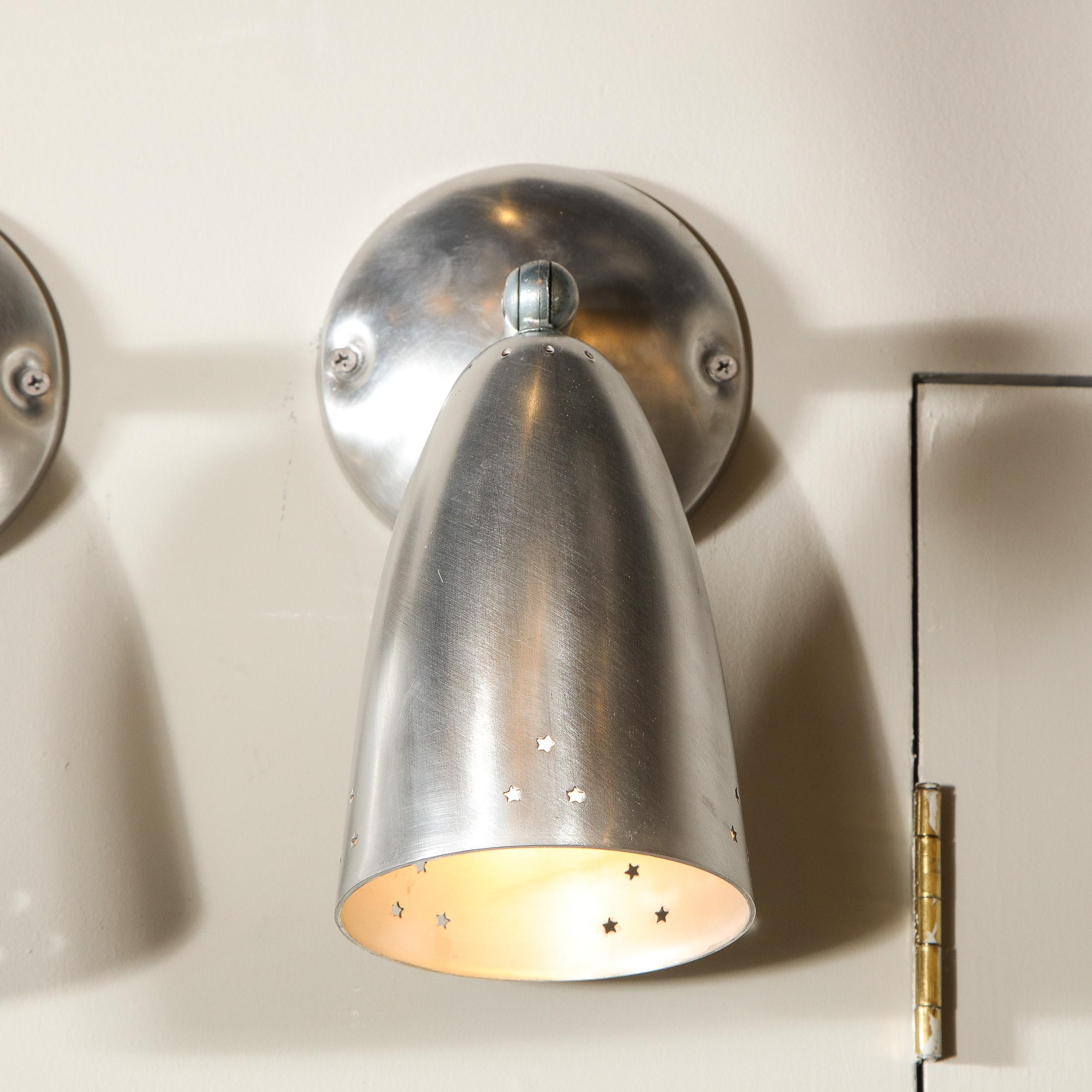 Pair of Mid-Century Modern Brushed Aluminum Perforated Articulating Sconces In Excellent Condition For Sale In New York, NY