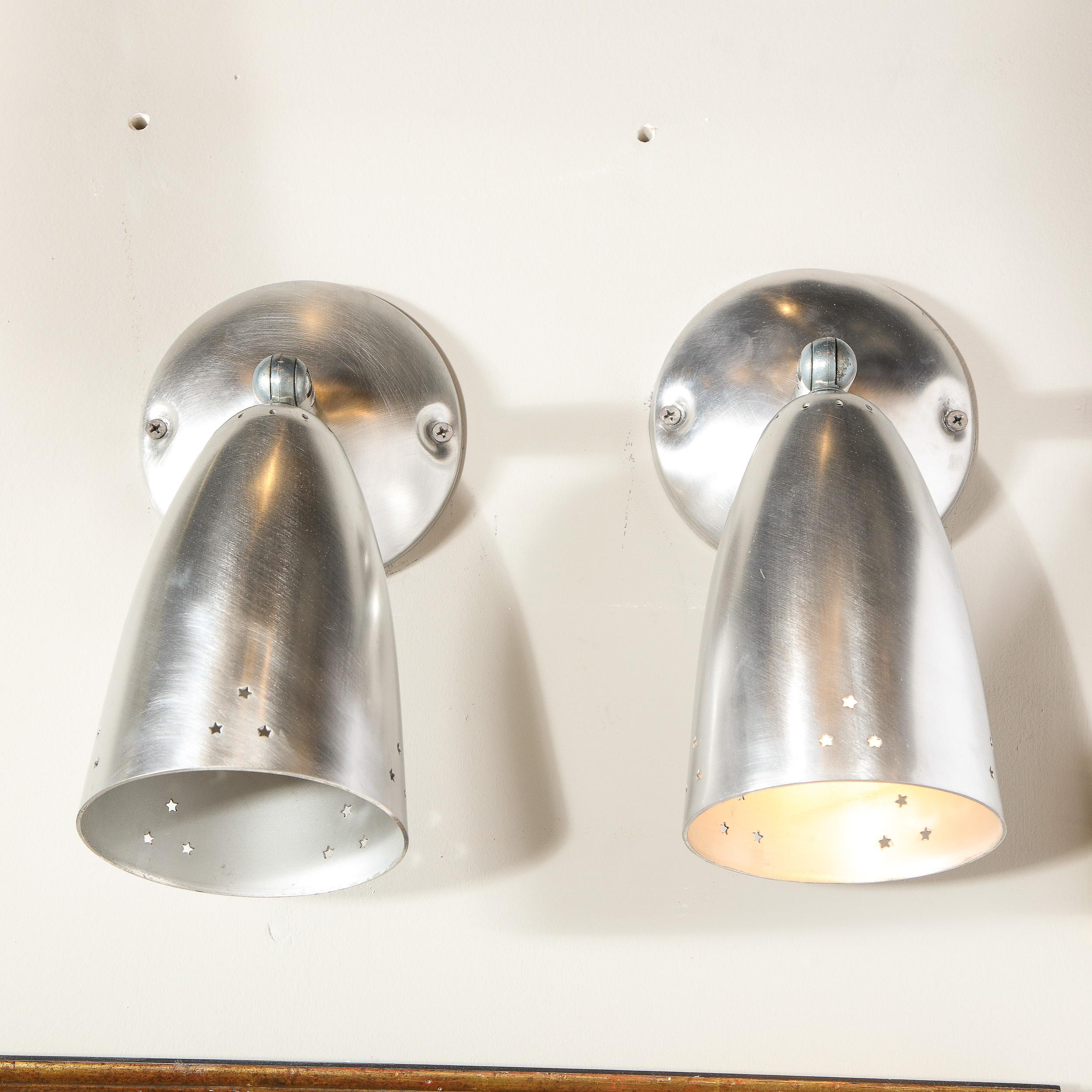 Pair of Mid-Century Modern Brushed Aluminum Perforated Articulating Sconces For Sale 1