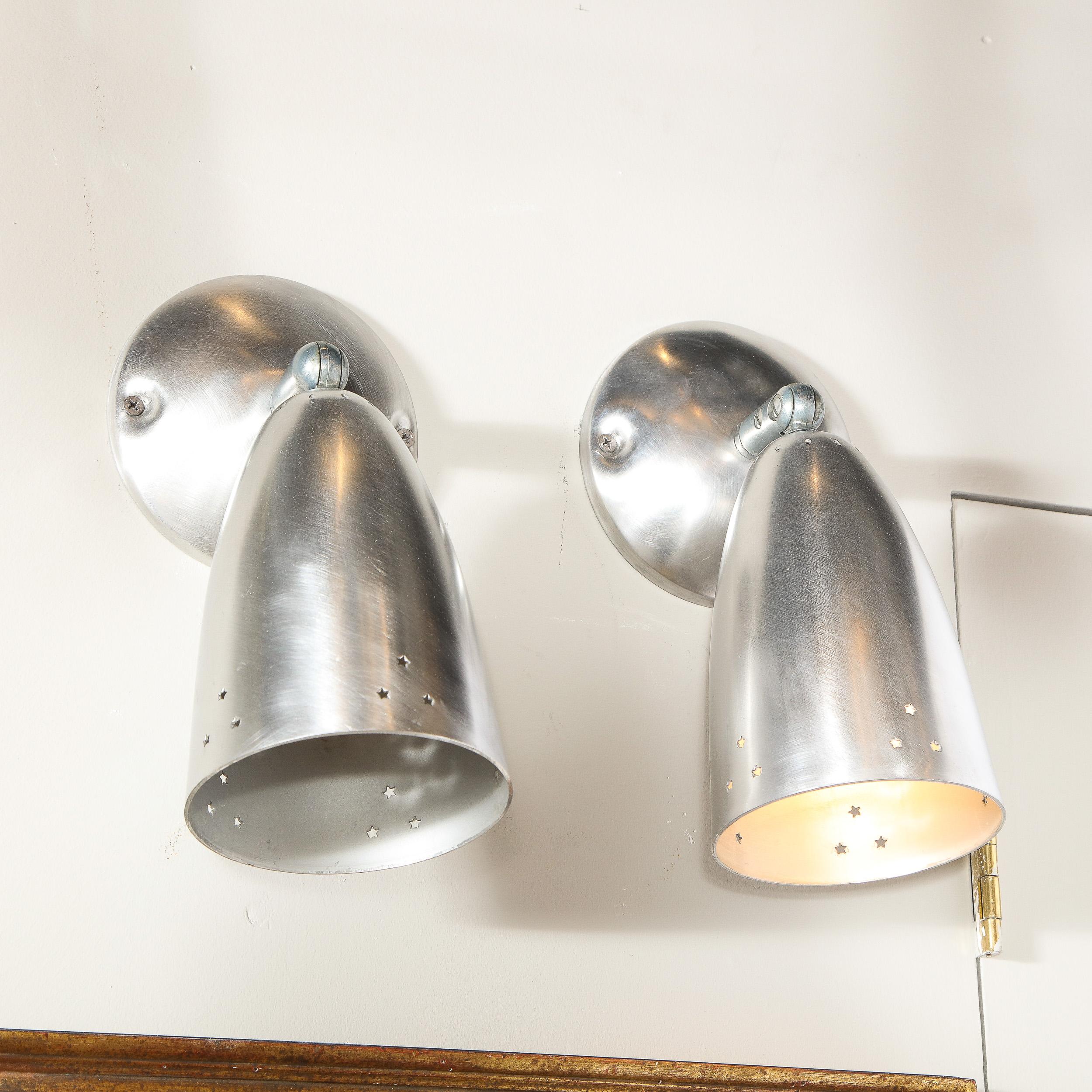 Pair of Mid-Century Modern Brushed Aluminum Perforated Articulating Sconces For Sale 2