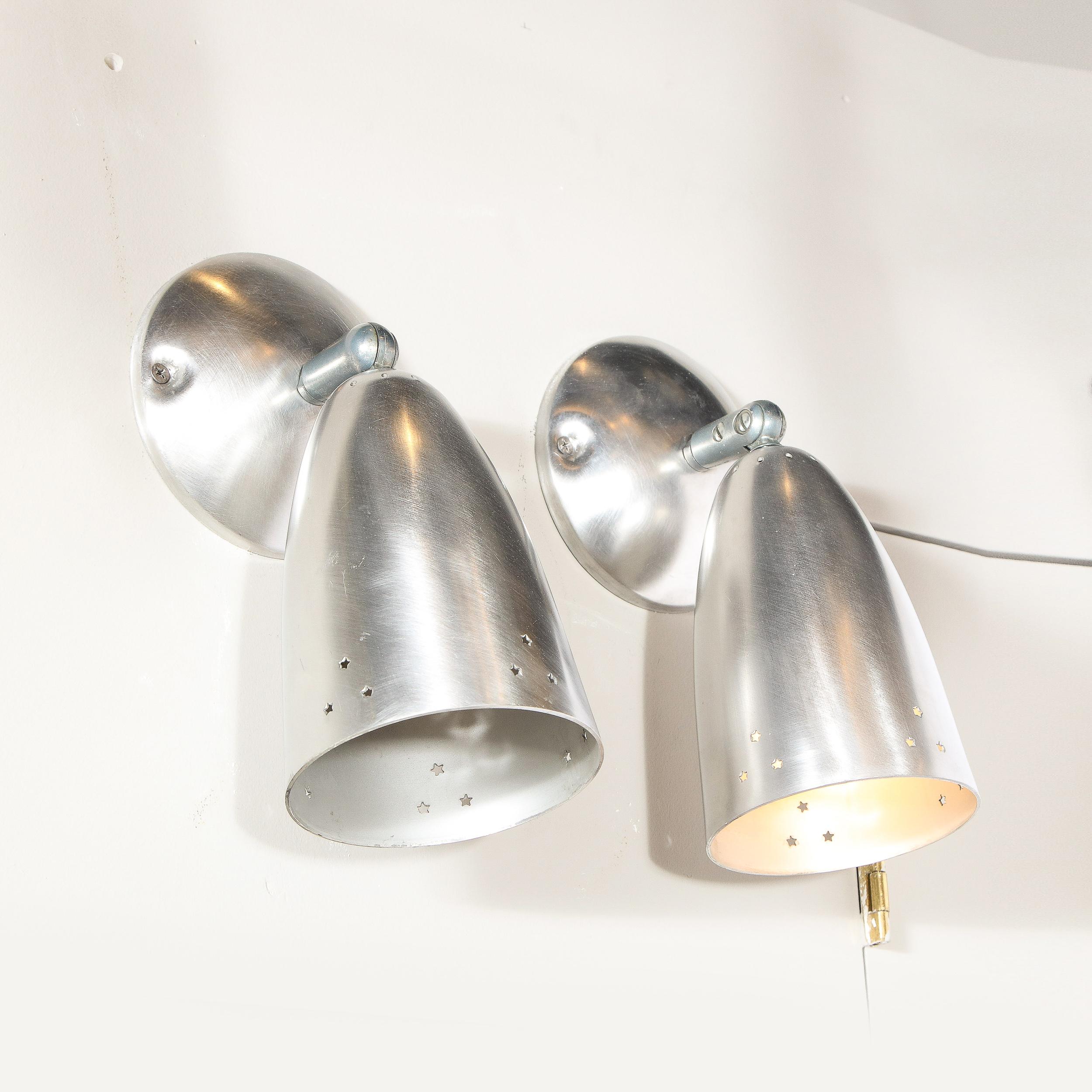 Pair of Mid-Century Modern Brushed Aluminum Perforated Articulating Sconces For Sale 4