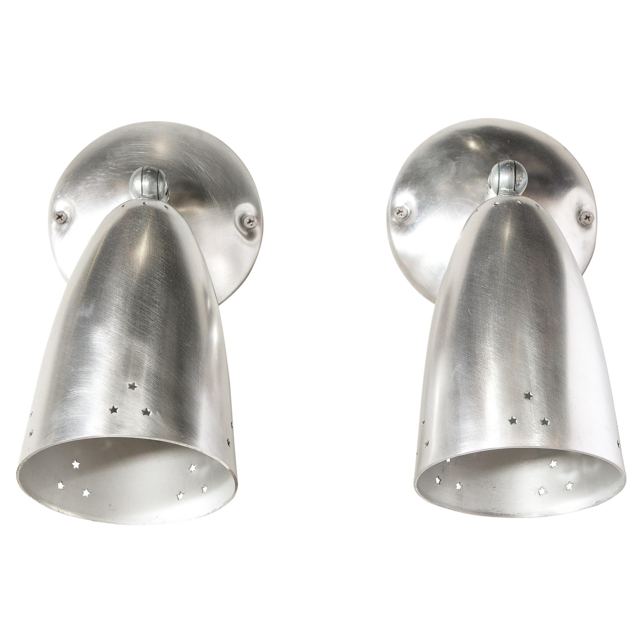 Pair of Mid-Century Modern Brushed Aluminum Perforated Articulating Sconces For Sale