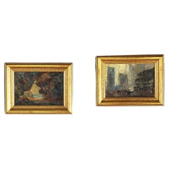 Pair of Mid Century Modern Brutalist Abstract Oil Paintings 20thC