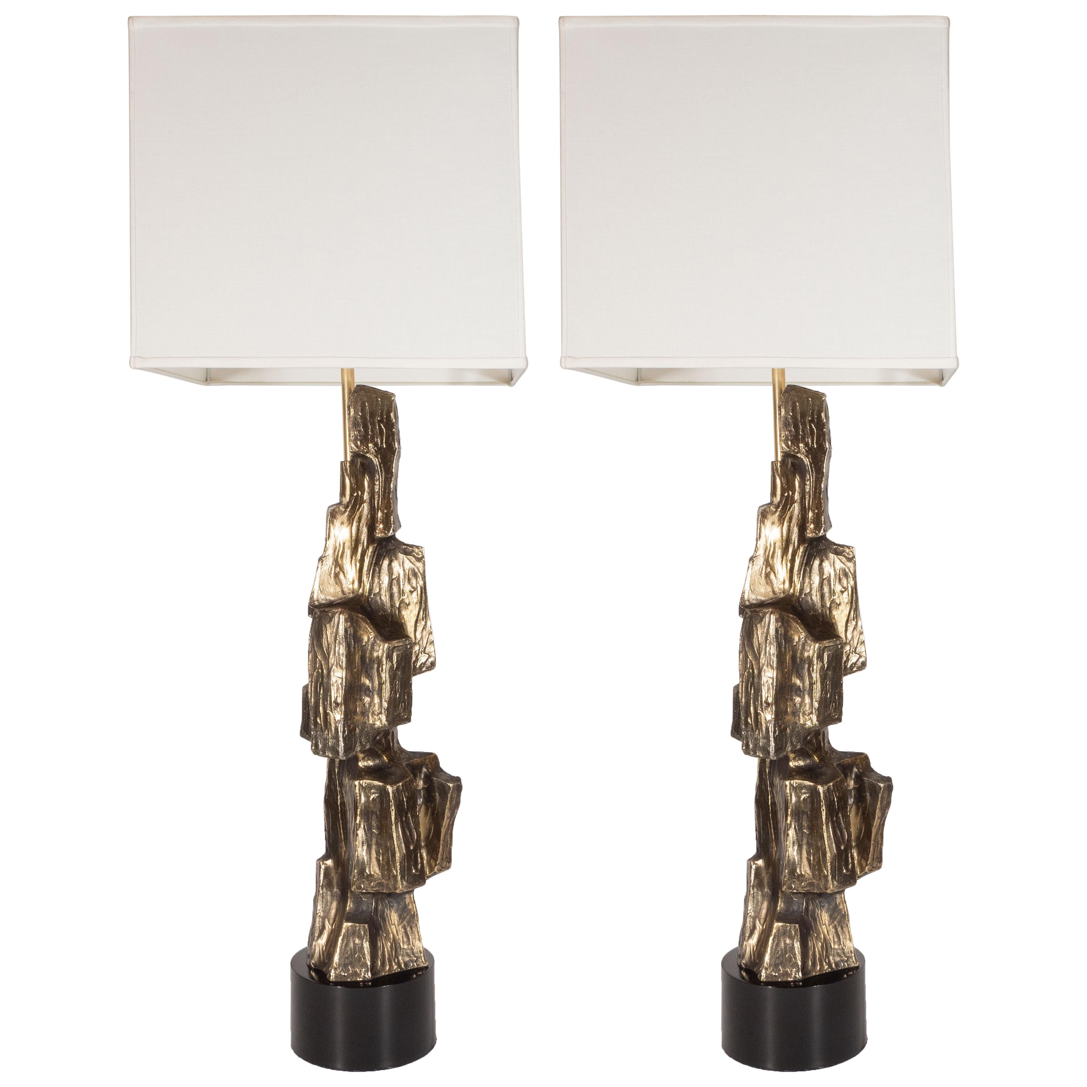 Pair of Mid-Century Modern Brutalist Bronze Lamps by Maurizio Tempestini