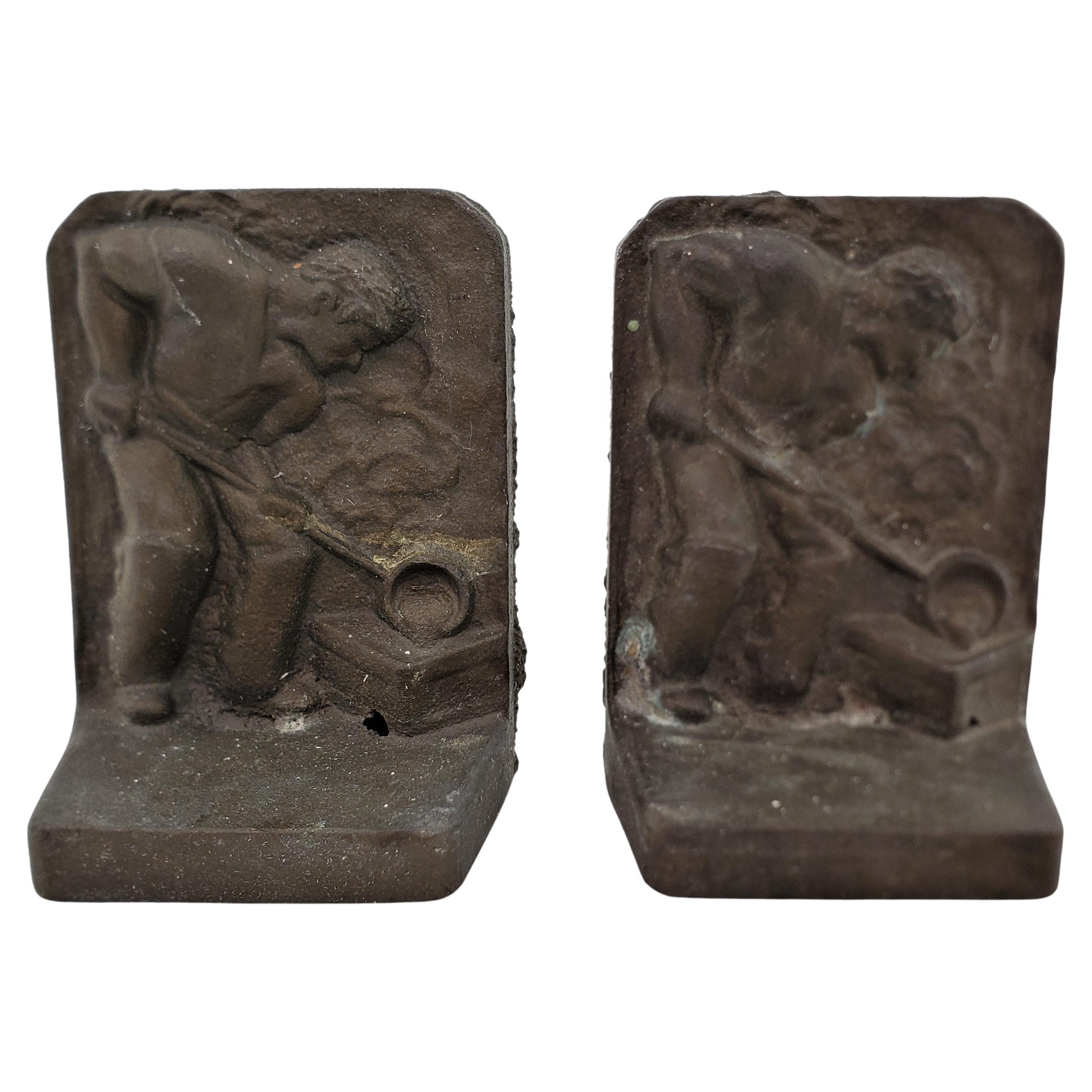 Pair of Mid-Century Modern Brutalist Cast Brass Bookends of Male Foundry Worker For Sale