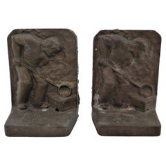 Antique Pair of Mid-Century Modern Brutalist Cast Brass Bookends of Male Foundry Worker