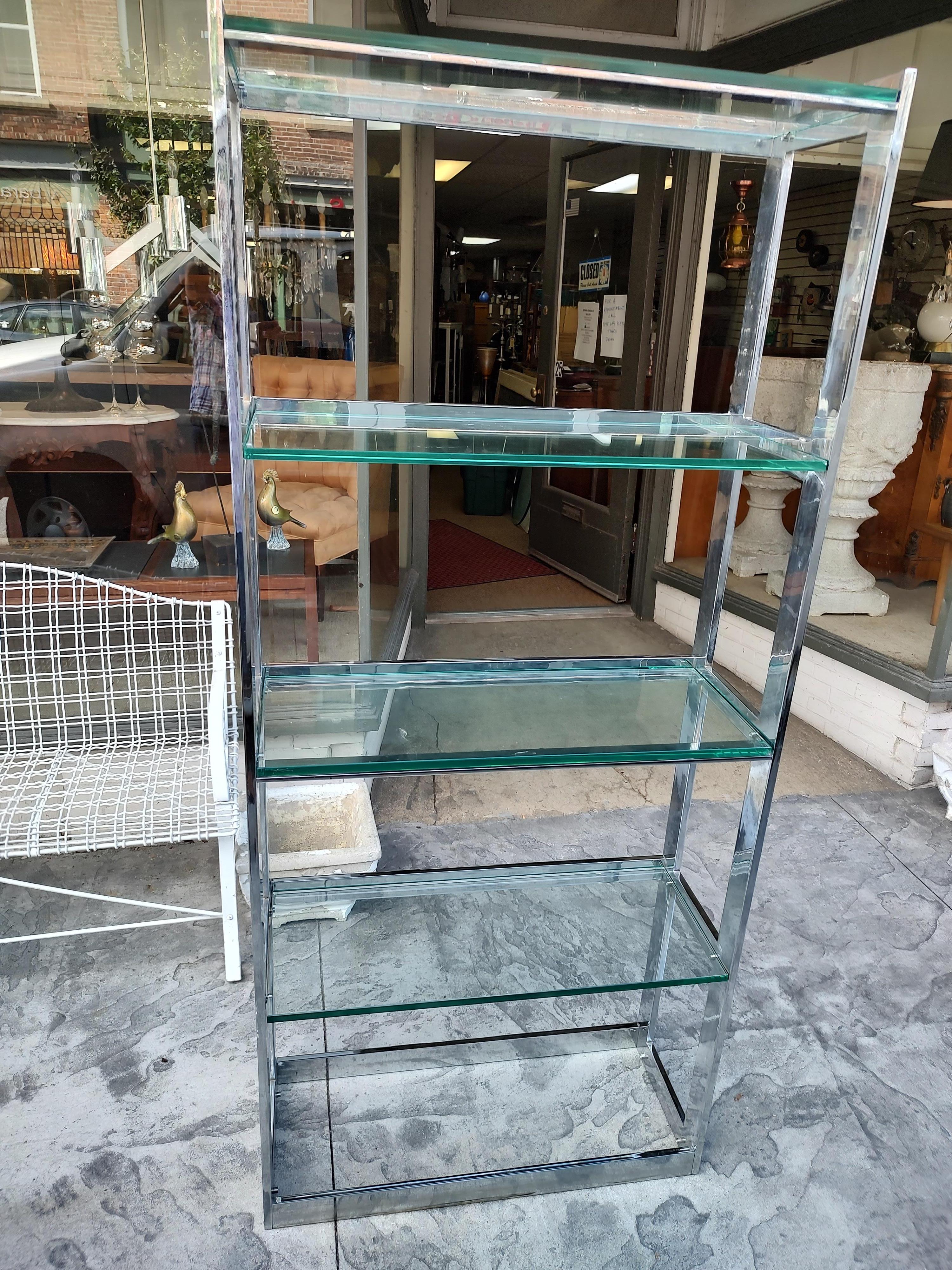 Pair of Mid-Century Modern Brutalist Etageres Shelving Units Flat Chrome & Glass For Sale 2