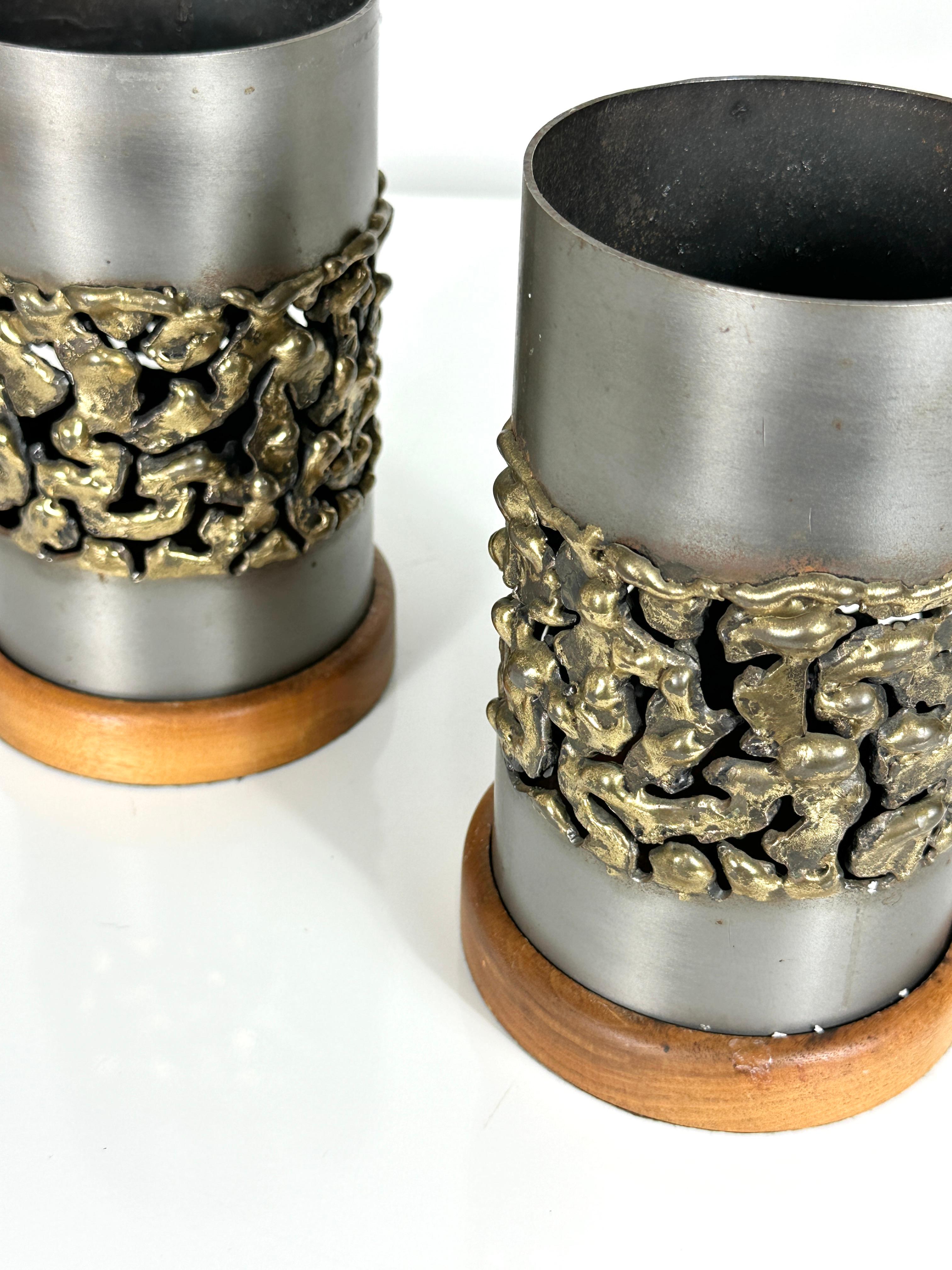 Late 20th Century Pair of Mid Century Modern Brutalist Hurricane Candle Holders by Jerry Davis For Sale