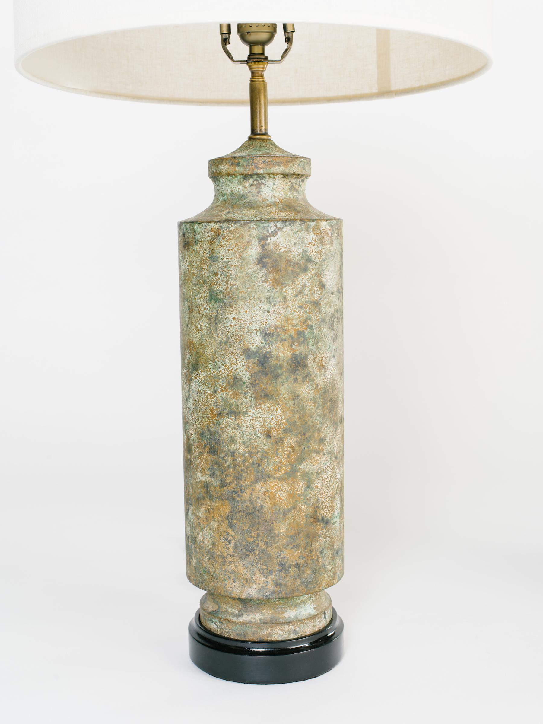 Cast Pair of Mid-Century Modern Pagoda Lamps in Distressed Verdigris Metal, 1960's For Sale