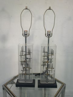 Pair of Mid-Century Modernist Brutalist Nail and Lucite Lamps