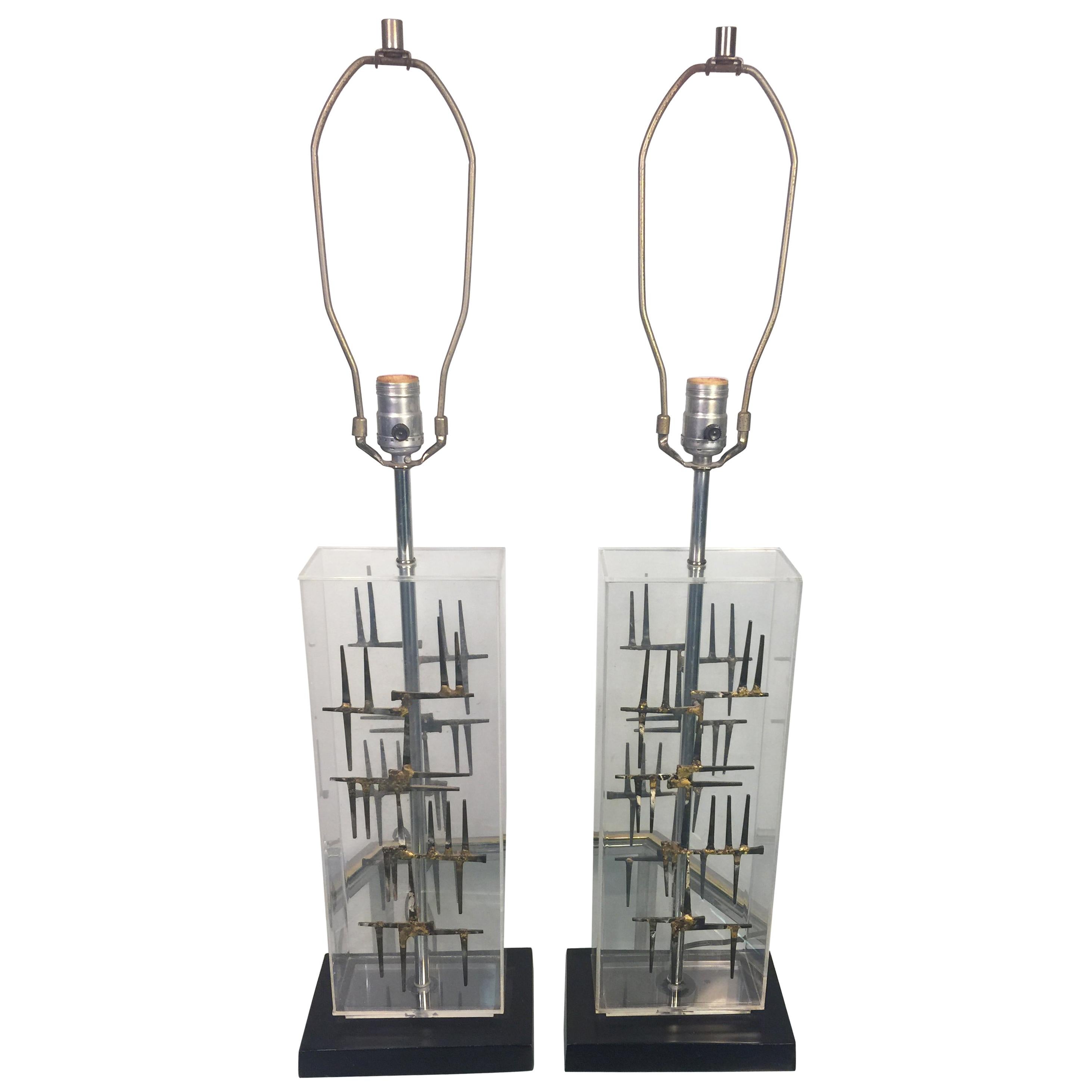 Pair of Mid-Century Modernist Brutalist Nail and Lucite Lamps For Sale