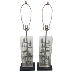 Pair of Mid-Century Modernist Brutalist Nail and Lucite Lamps