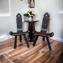 Pair of Mid-Century Modern Brutalist Sculptural Wood Tripod Chair, Spain Vintage